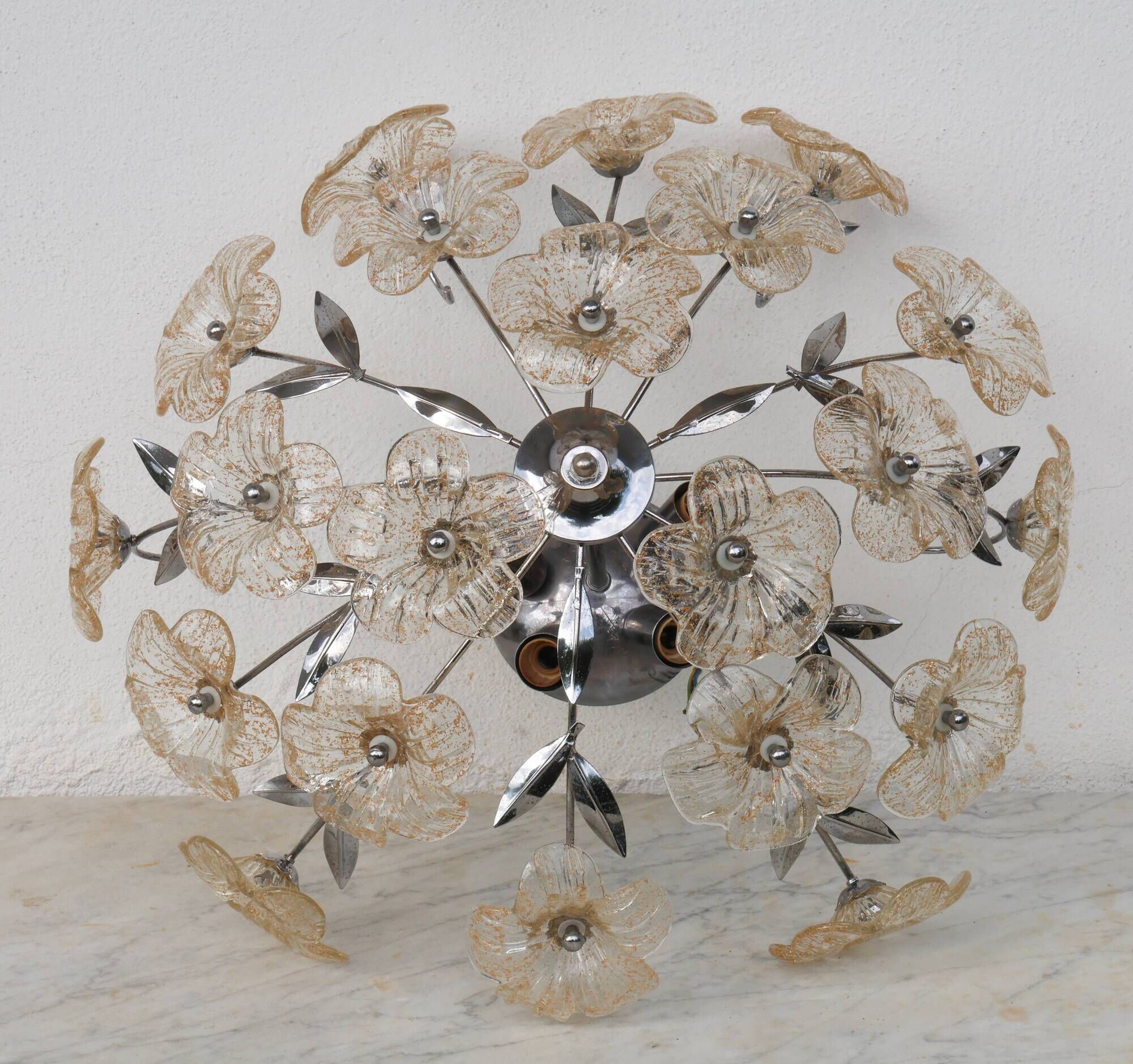 Wonderful Gold and Transparent Murano Glass Ceiling Light Flower