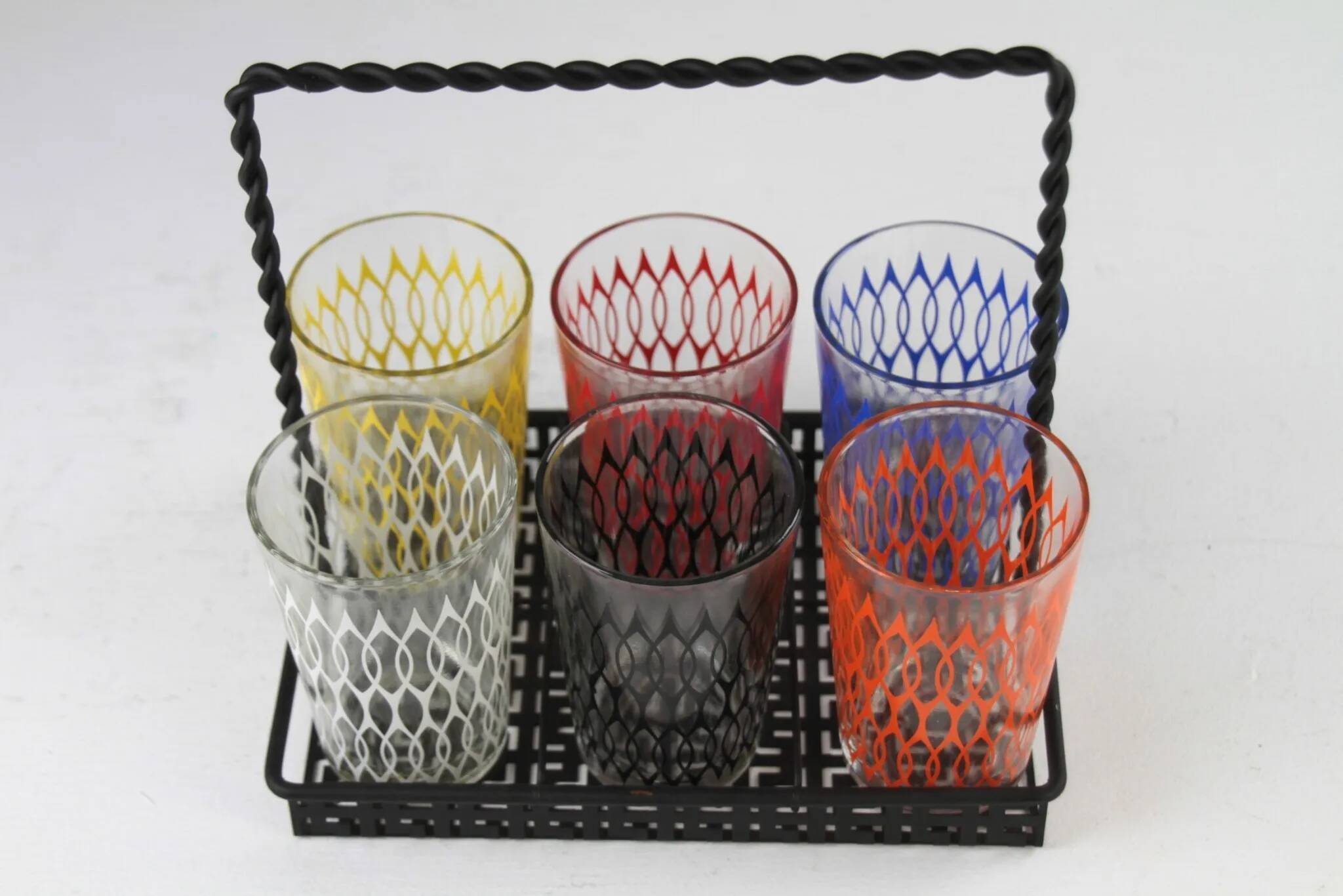 Set of 6 Vintage Lemonade Glasses in Black Metal Carrier — Made in Holland, 1960s/1970s