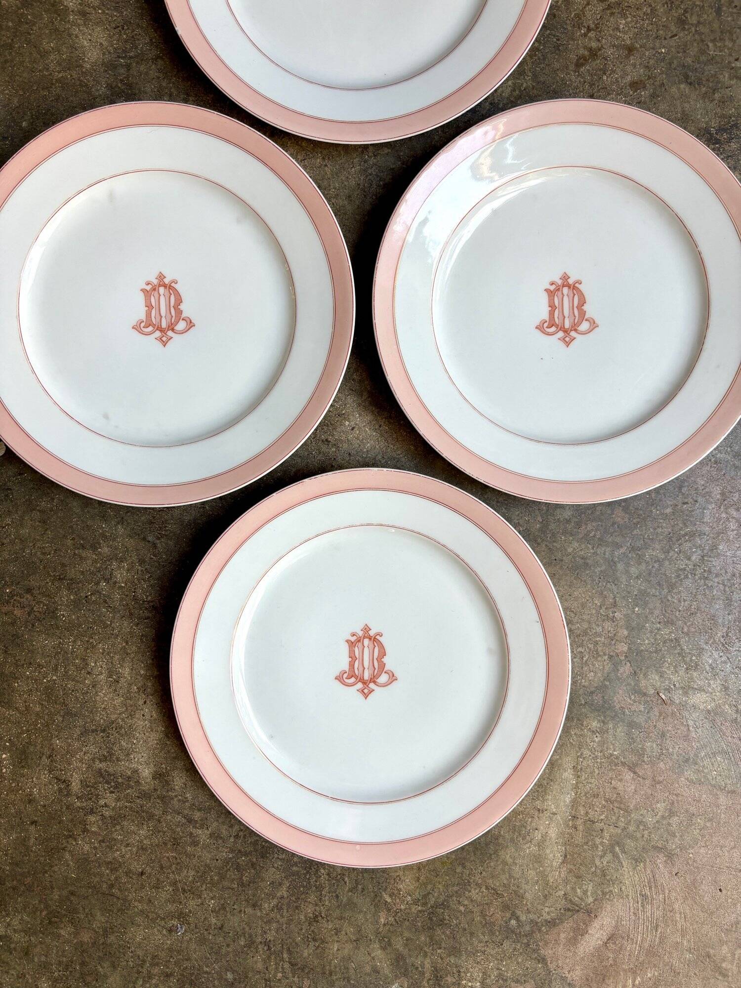 4 monogrammed pink porcelain dessert plates