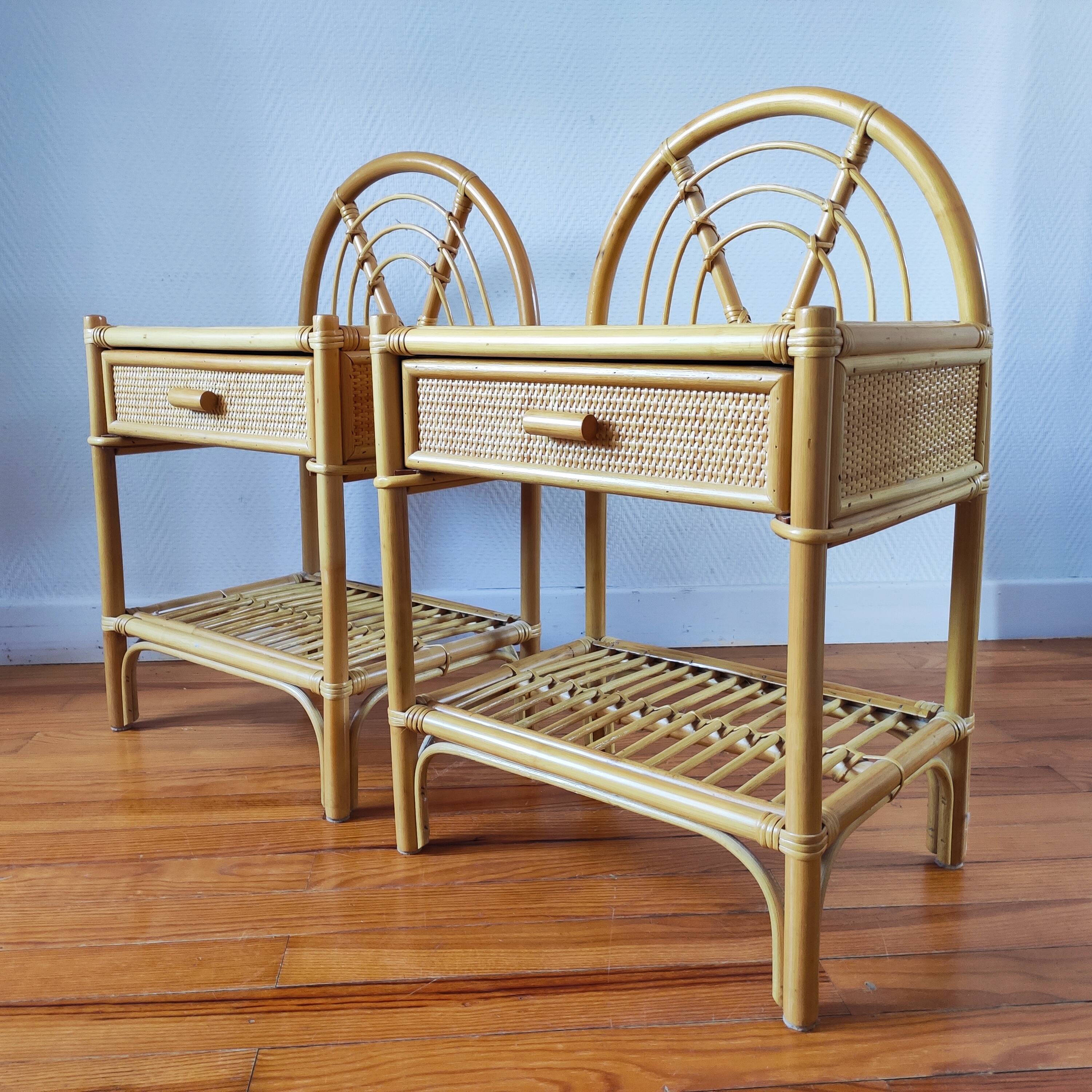Pair of vintage bedside tables in light rattan