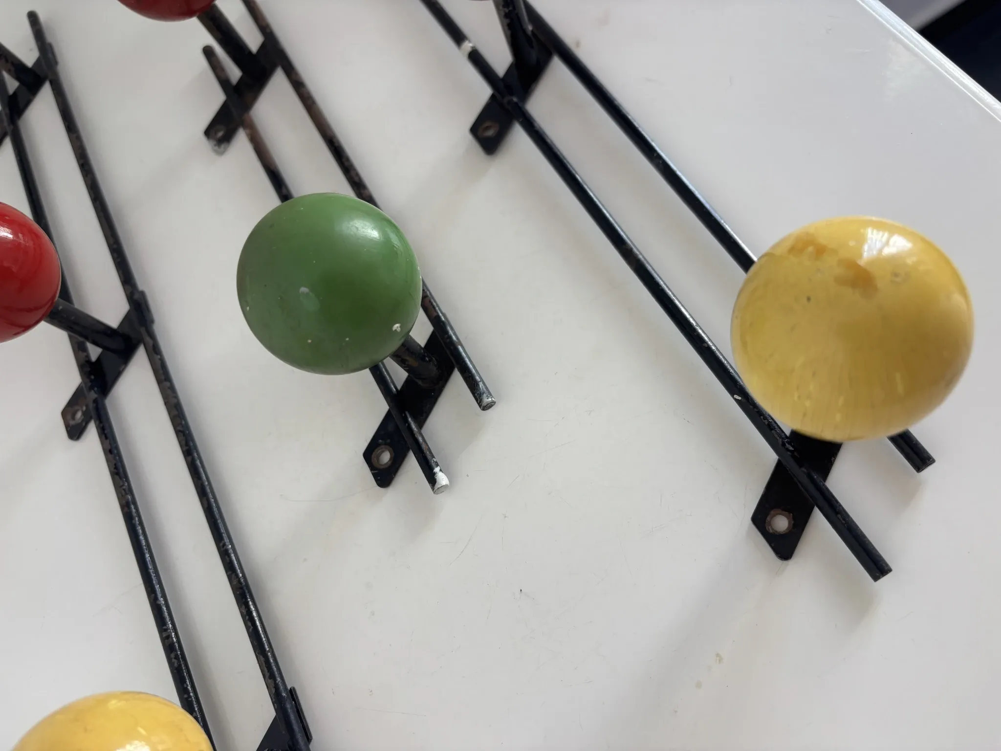 Vintage 1960s tricolour coat rack trio with 3 ball hooks - 45 x 6 / 2