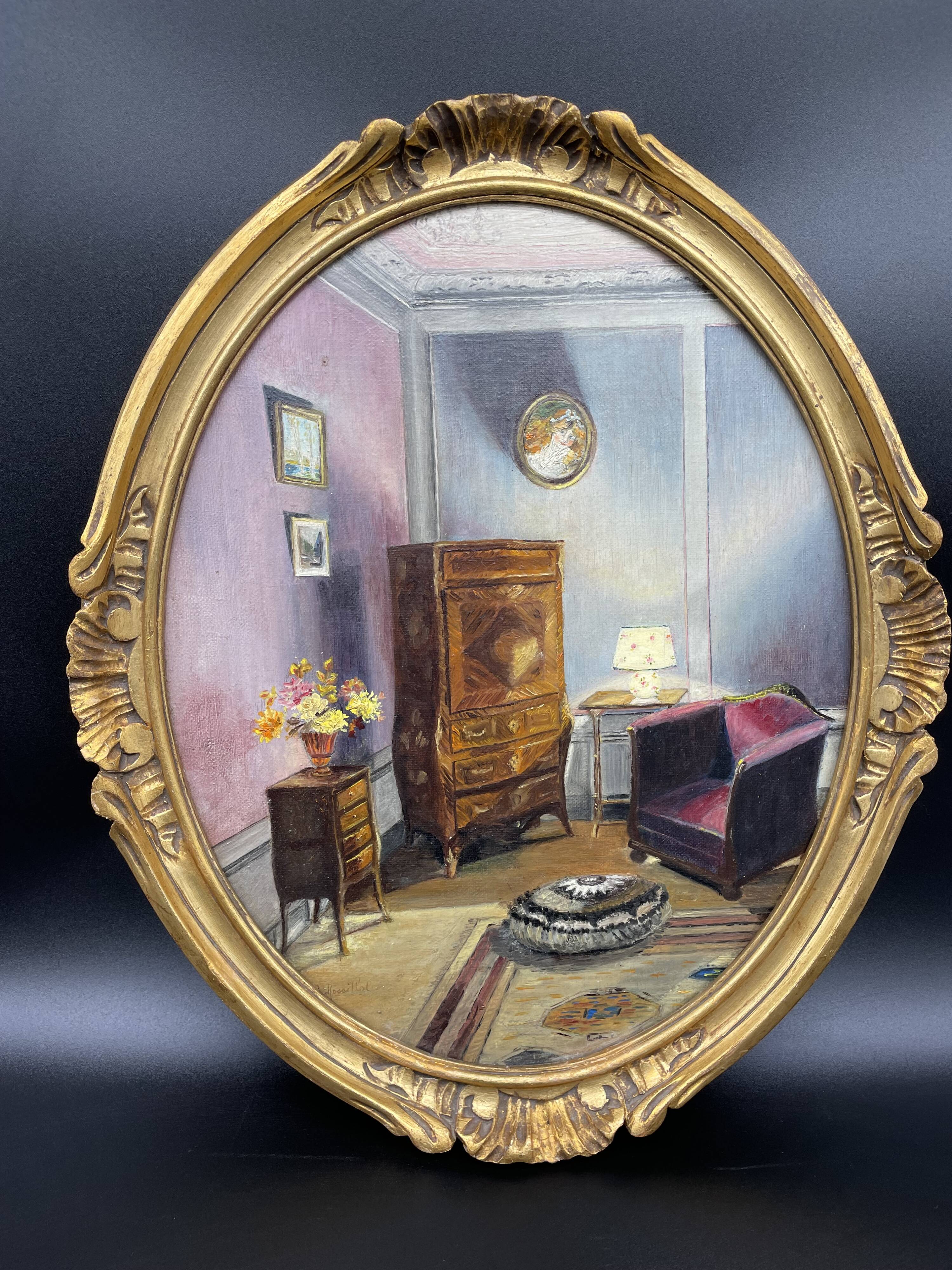 Peinture à l'huile scène d'intérieure signée cadre bois, doré,tableau, peintre français
