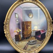 Ancient, Oil painting, interior scene, signed, wood frame, gilded, painting, French painter