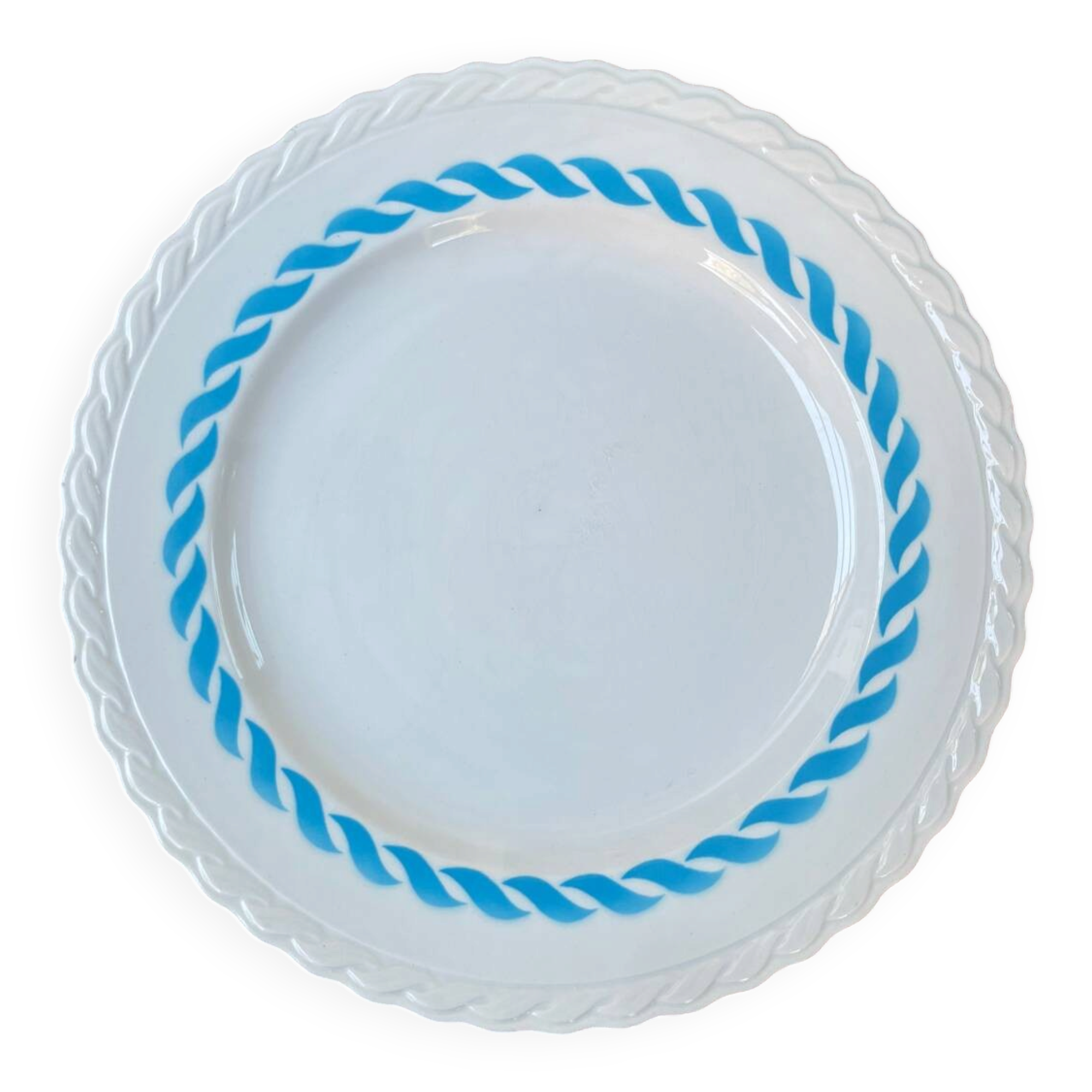 Round vintage plate in earthenware – twisted blue decoration