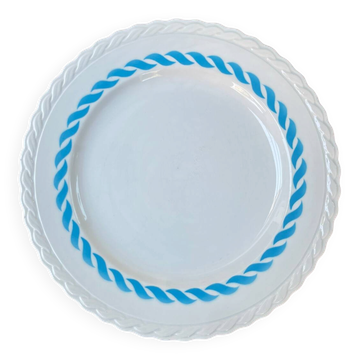 Plat rond vintage en faïence – décor torsadé bleu