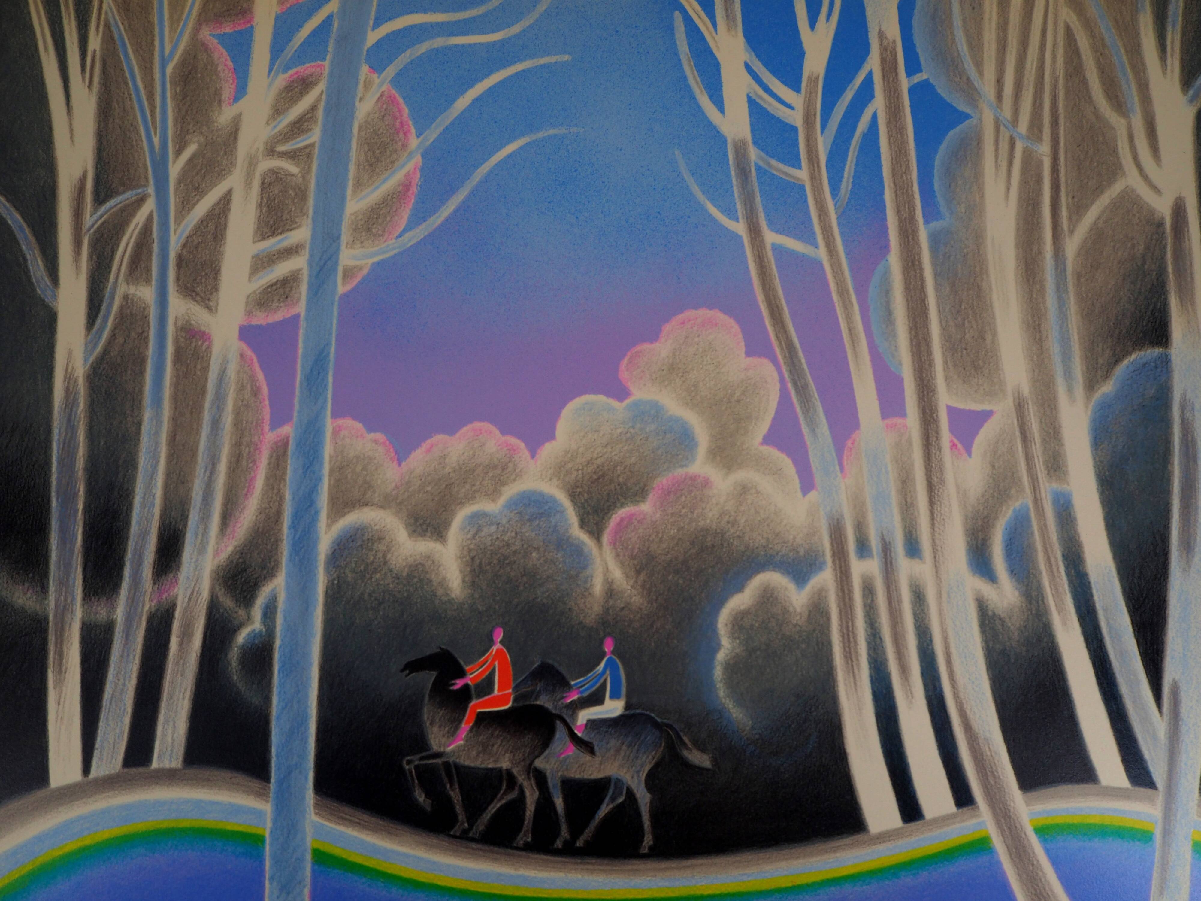 Albert Zavaro: couple of horse riders on a stroll - original lithograph s