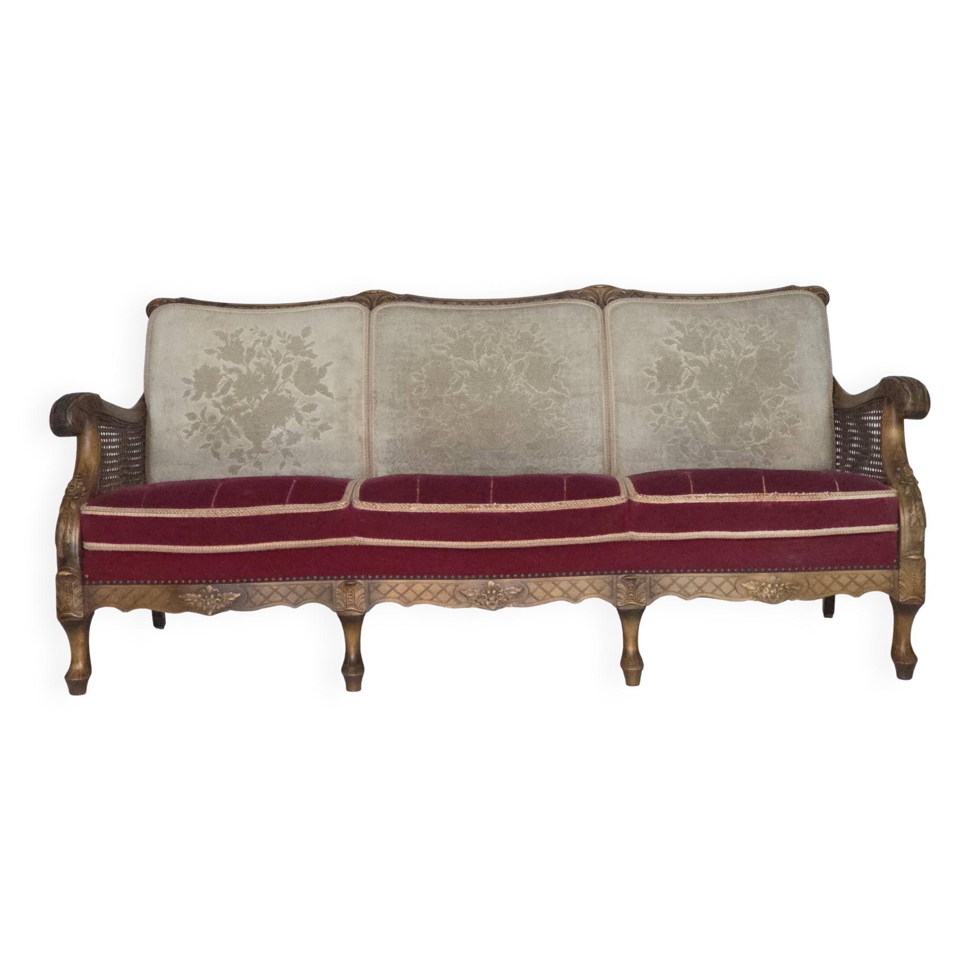 1930s, Danish 3-seater sofa, red furniture velour, furniture mesh.