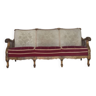 1930s, Danish 3-seater sofa, red furniture velour, furniture mesh.