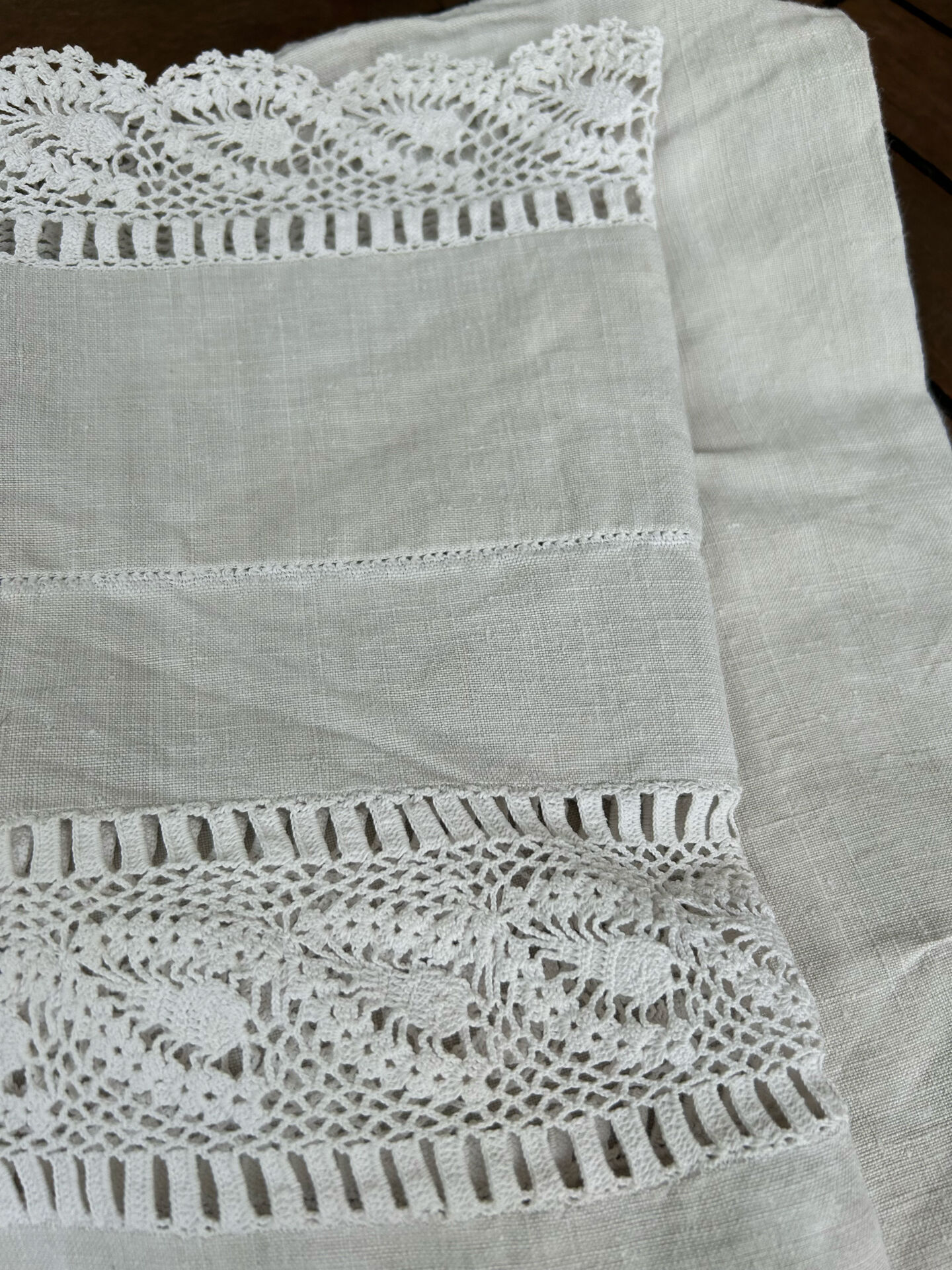 Large embroidered linen sheet with lace
