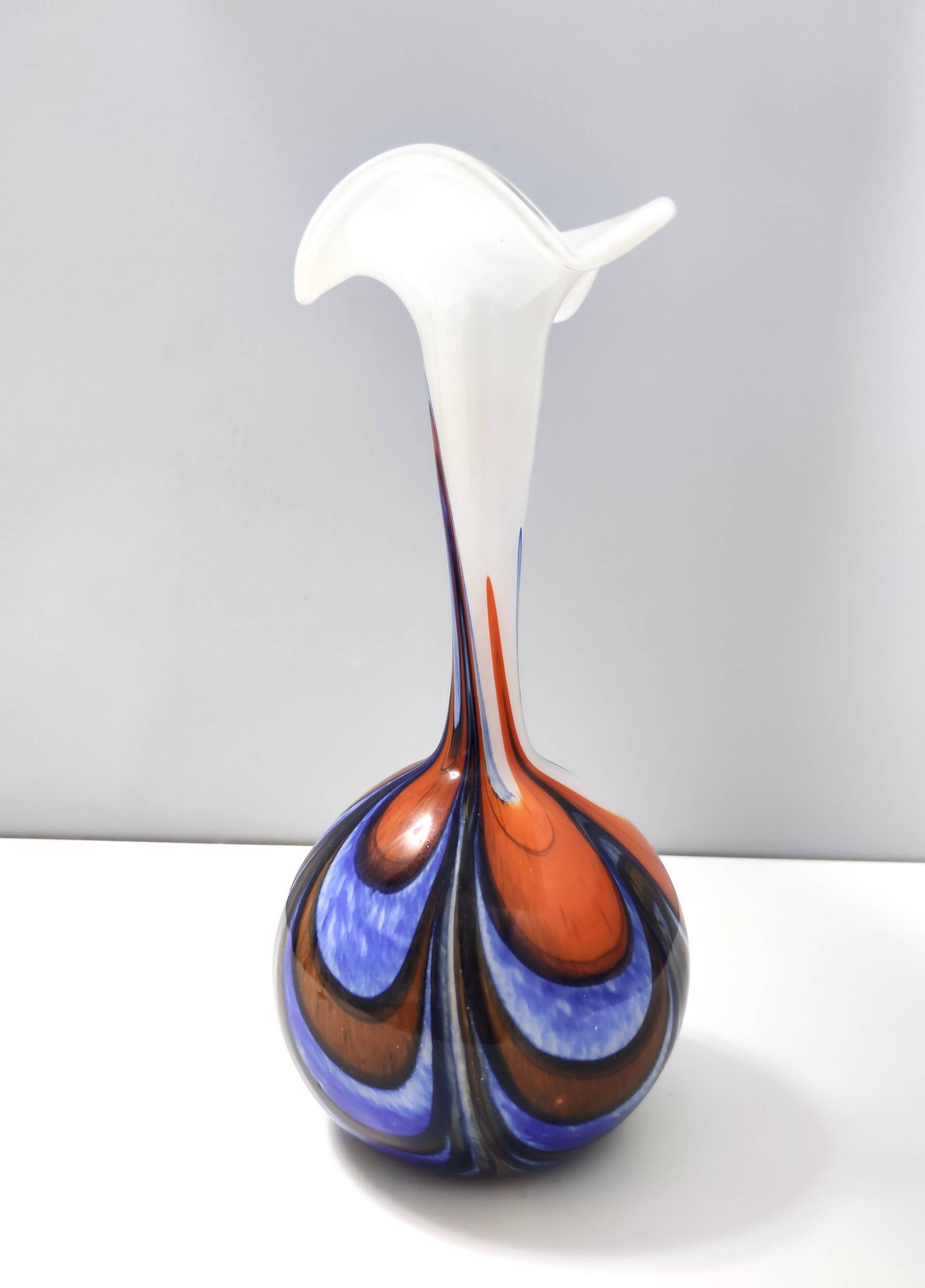 Large Orange, White and Blue Glass Vase by Opaline Florence, Italy