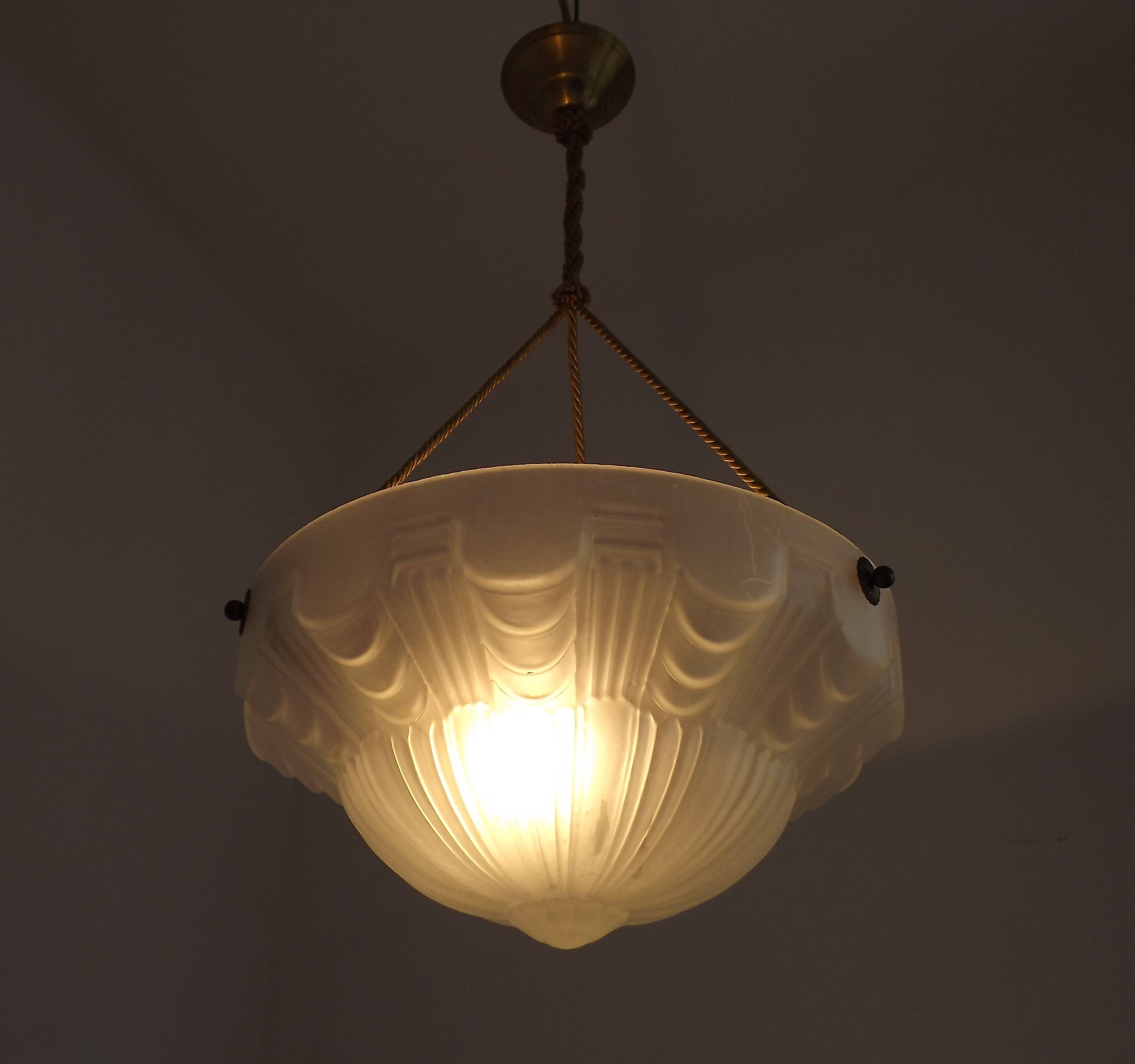 Vintage French 1930s Art Deco Gometric White Glass Ceiling Light