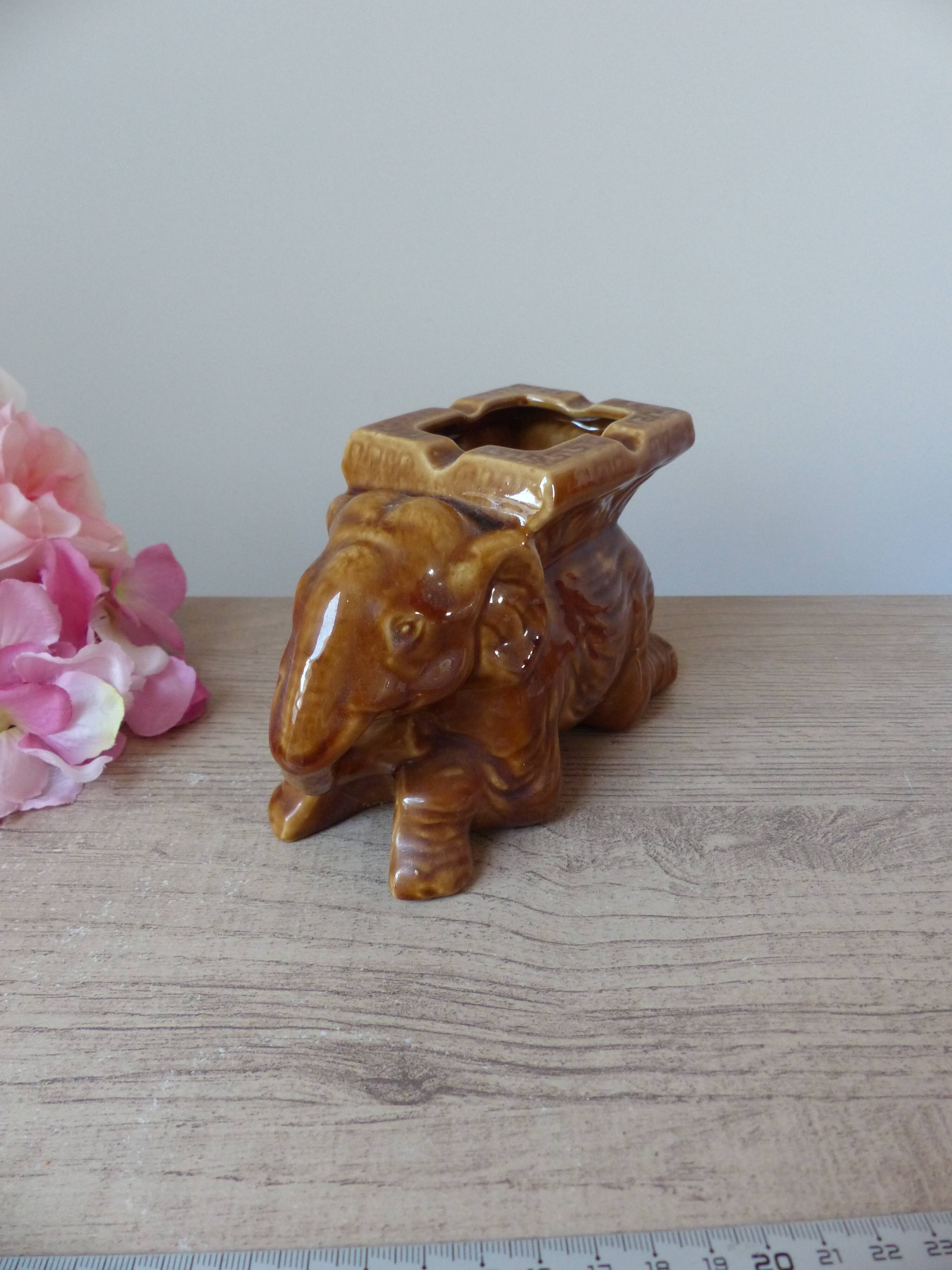 Antique brown ceramic elephant ashtray