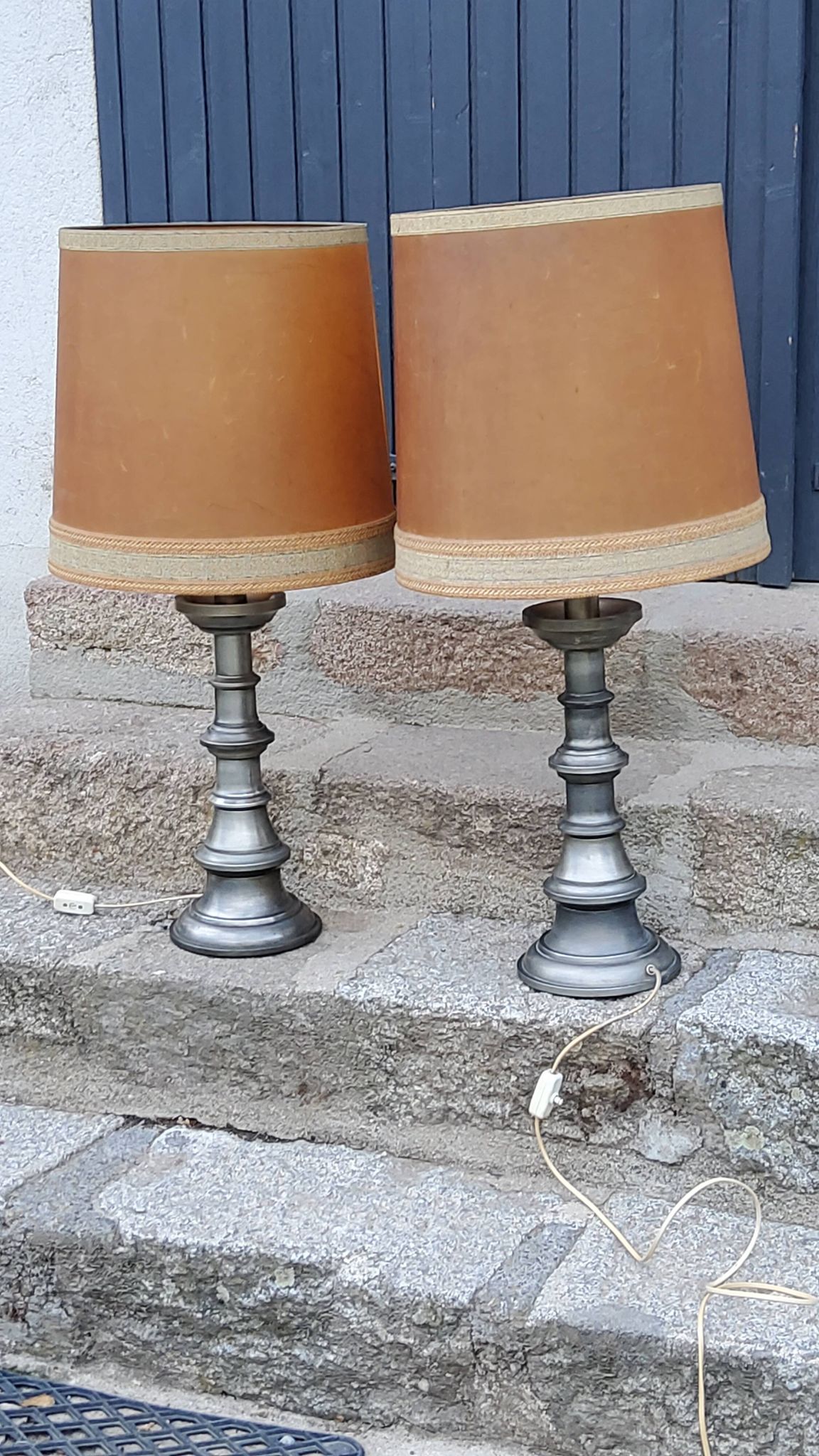 Pair of 70s Kaiser Leuchten lamps in brushed metal with original shades