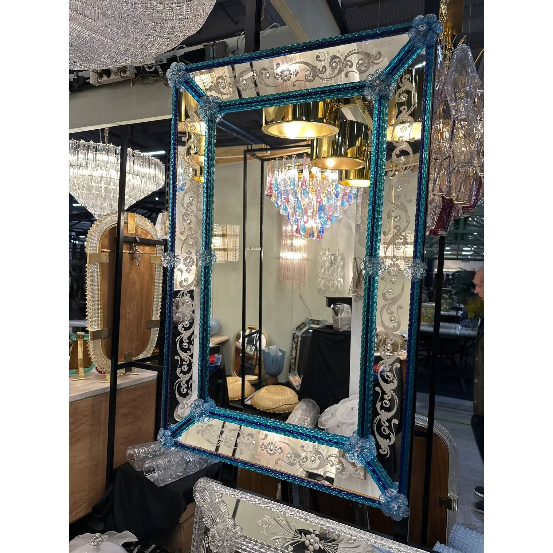 Stylish Modern Venetian Blue Mirror with Hand-Carved Murano Glass Frame