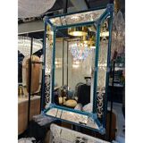 Stylish Modern Venetian Blue Mirror with Hand-Carved Murano Glass Frame