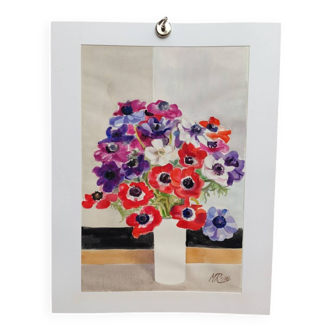 Watercolor by Michel Roubille, bouquet of flowers 1988.