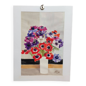 Watercolor by Michel Roubille, bouquet of flowers 1988.