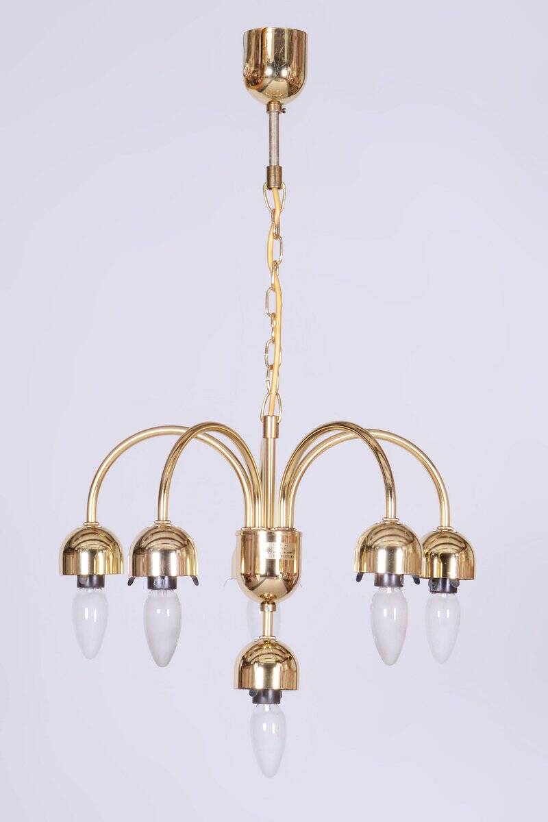 Mid-Century Chandelier in Brass and Opaline Glass, Czech, 1950s