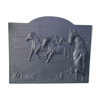 Plaque de cheminée en fonte chevaux de Camargue signé R. Deret 58,5 X 49,5 cm