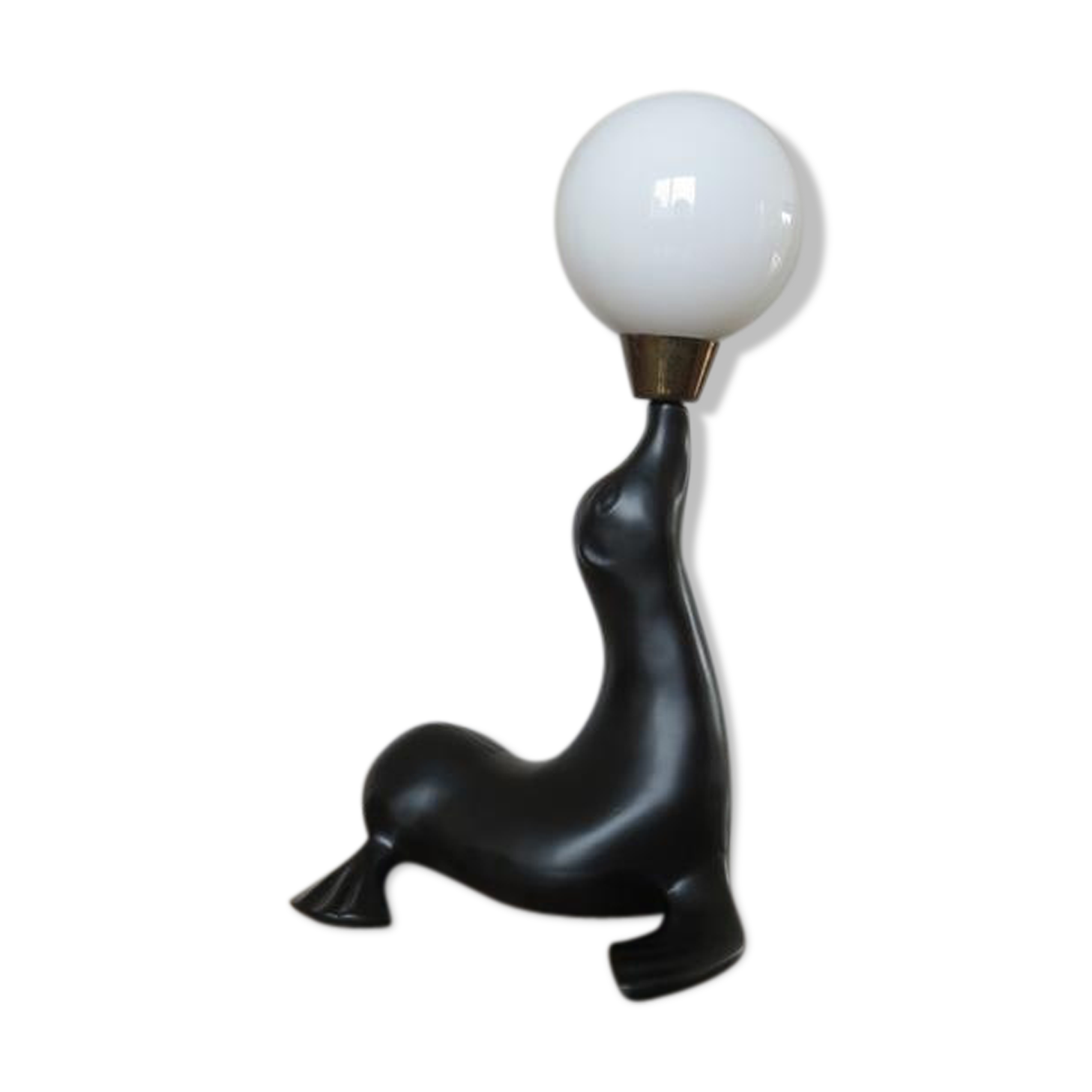 Lamp " black sea lion " white opaline ball 70s