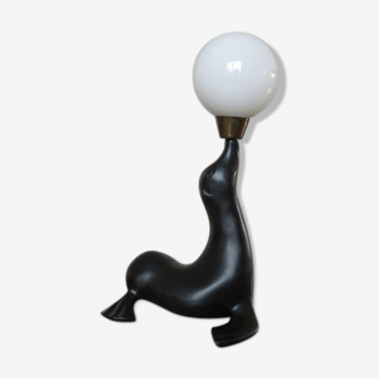 Lampe " otarie noire " boule opaline blanche années 70