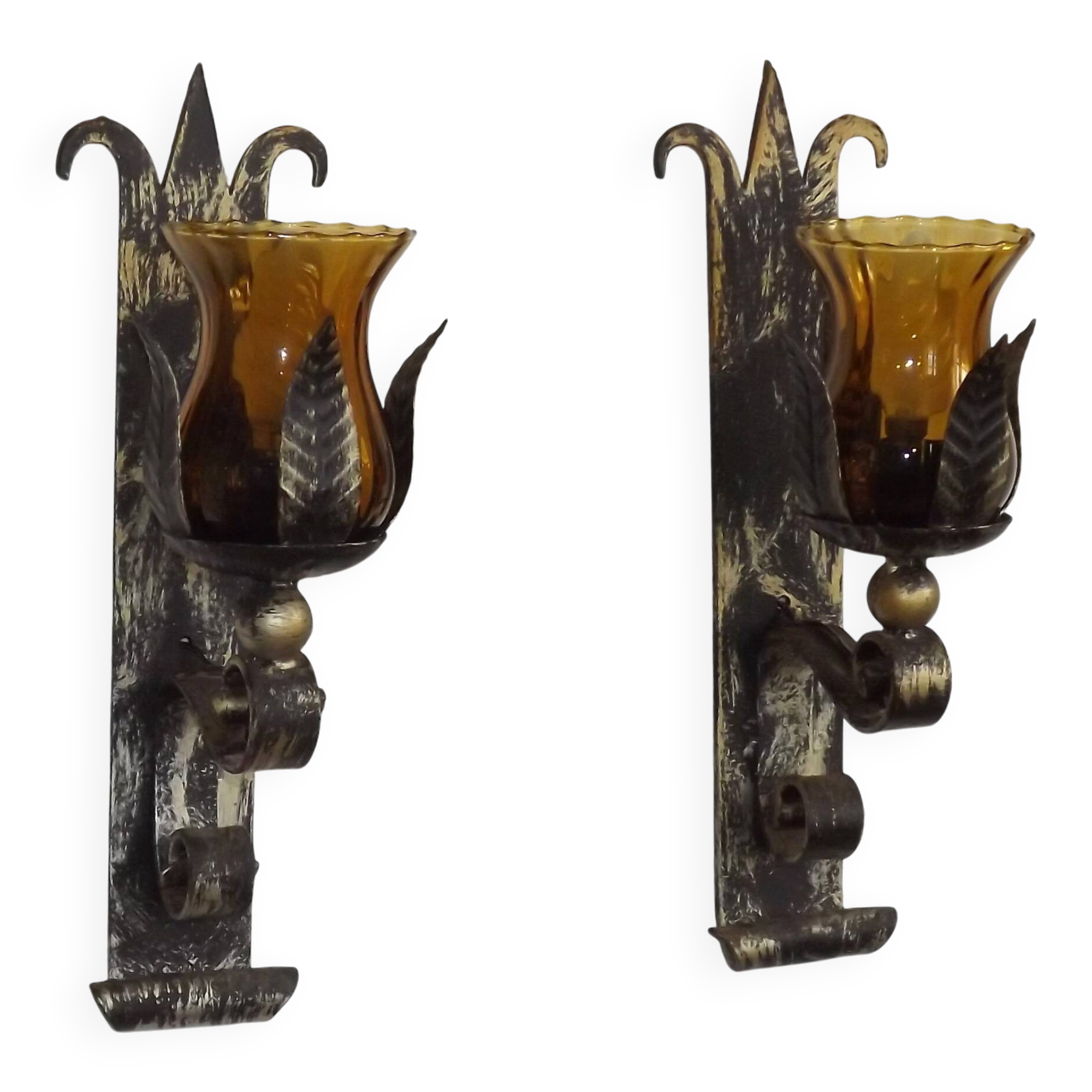 Pair Hand Forged Wrought Iron Medieval Style Wall Lights Amber Glass Shades