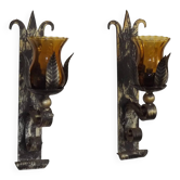 Pair Hand Forged Wrought Iron Medieval Style Wall Lights Amber Glass Shades