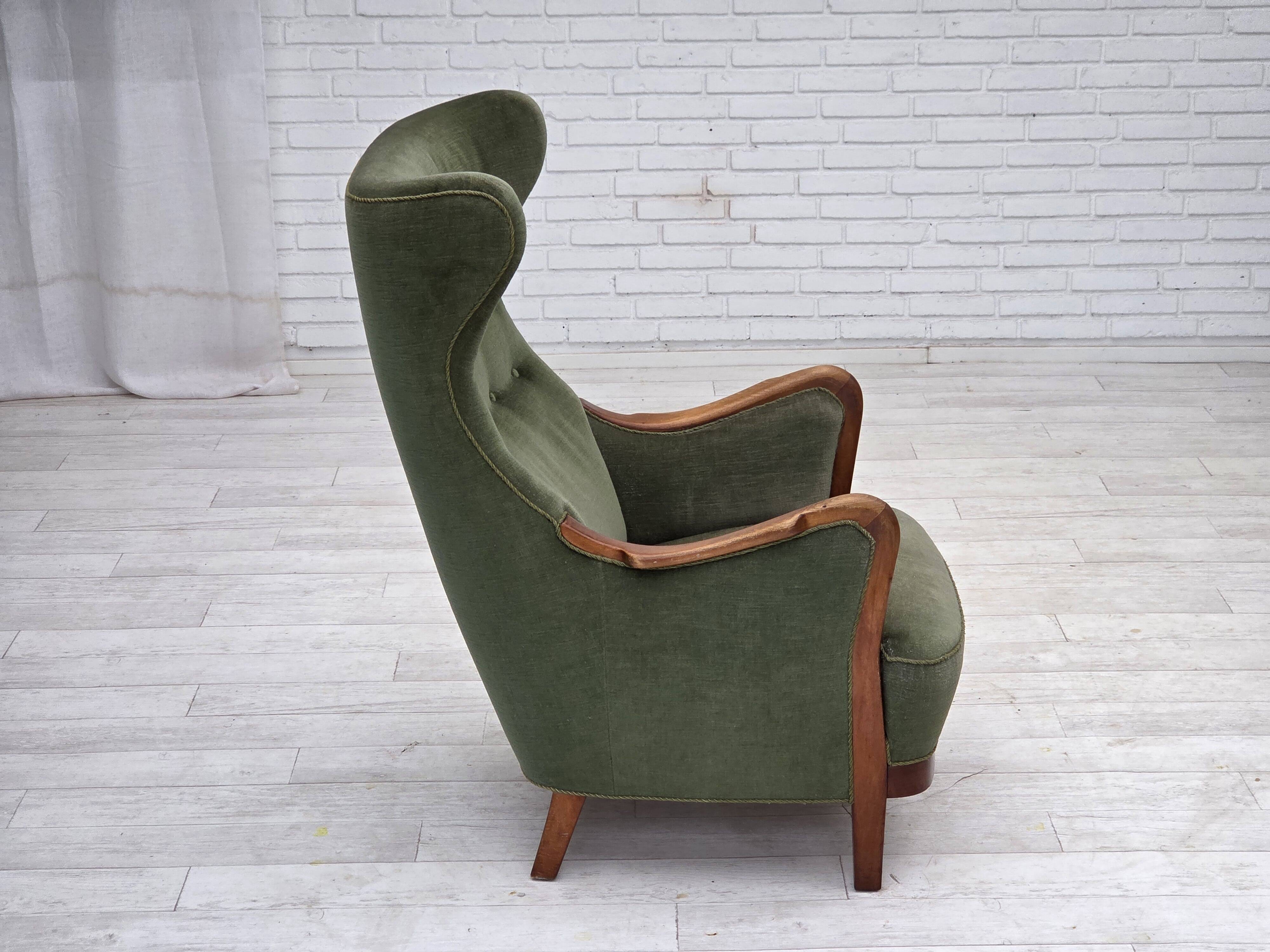 1960s, Danish highback armchair, green furniture velour, teak wood.