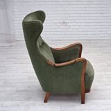 1960s, Danish highback armchair, green furniture velour, teak wood.