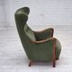 1960s, Danish highback armchair, green furniture velour, teak wood.