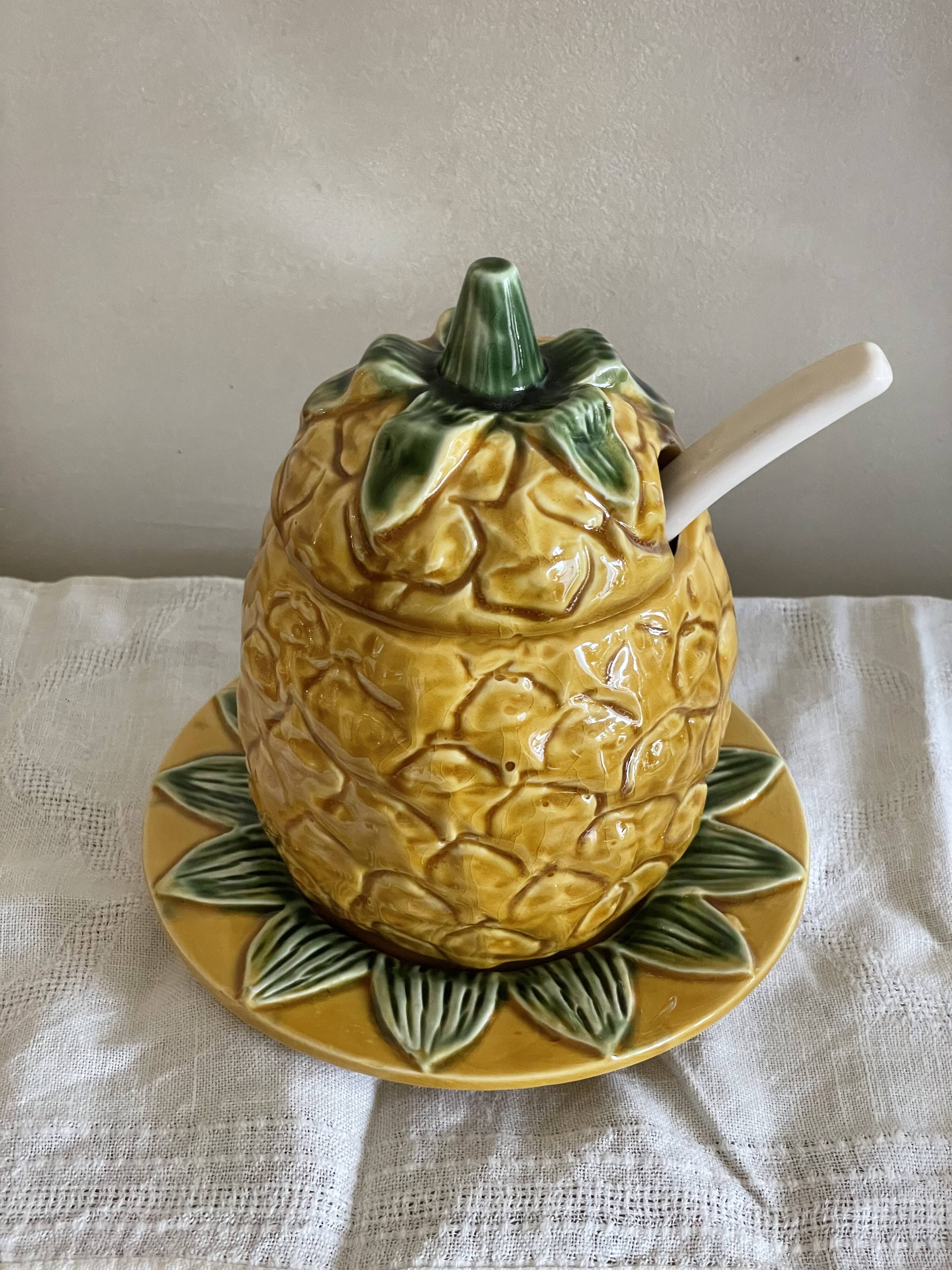 Jam pot, pineapple sugar bowl in slip