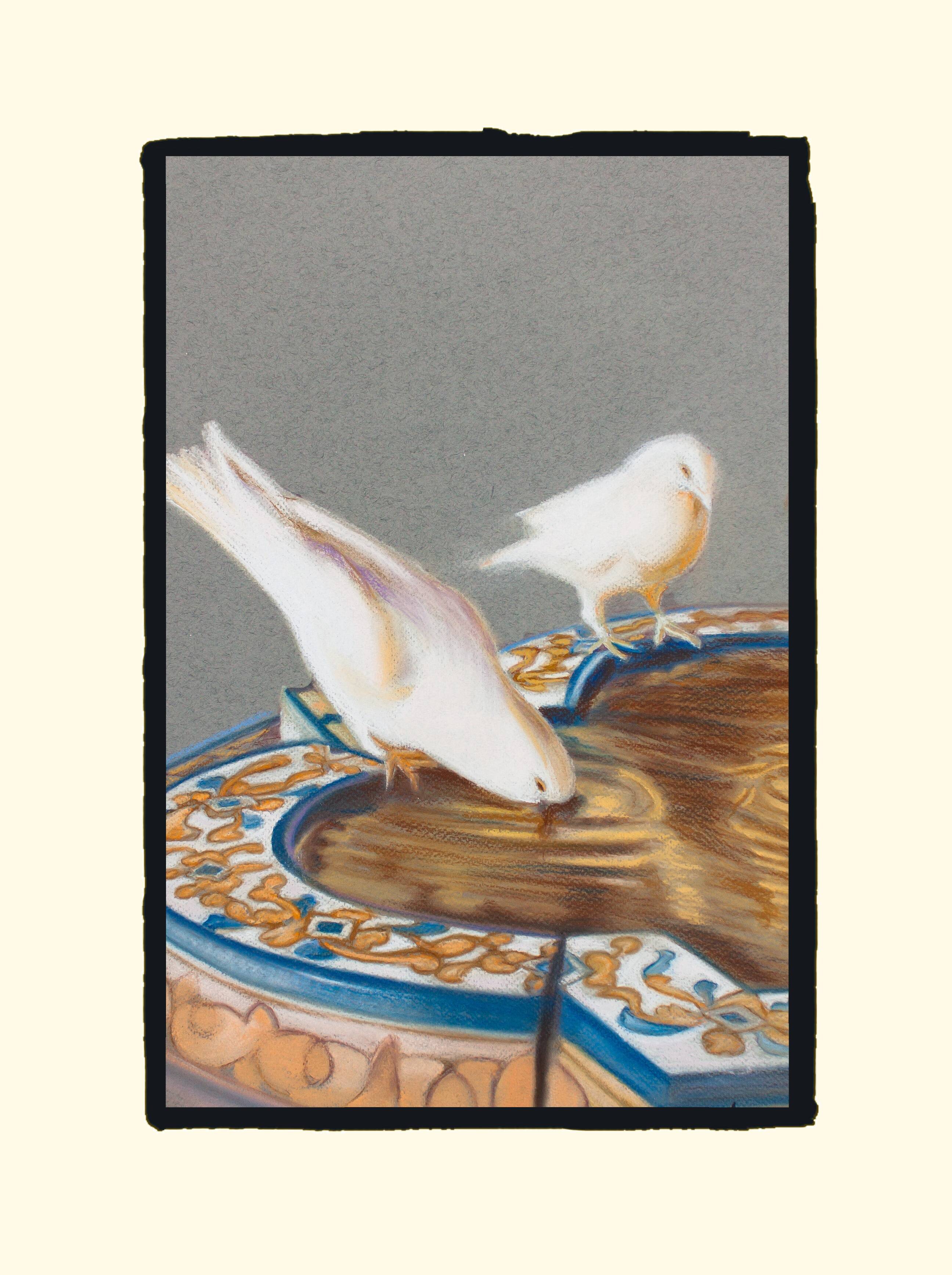 Drawing of pigeons drinking from a fountain. painting of doves. painting of pigeons.