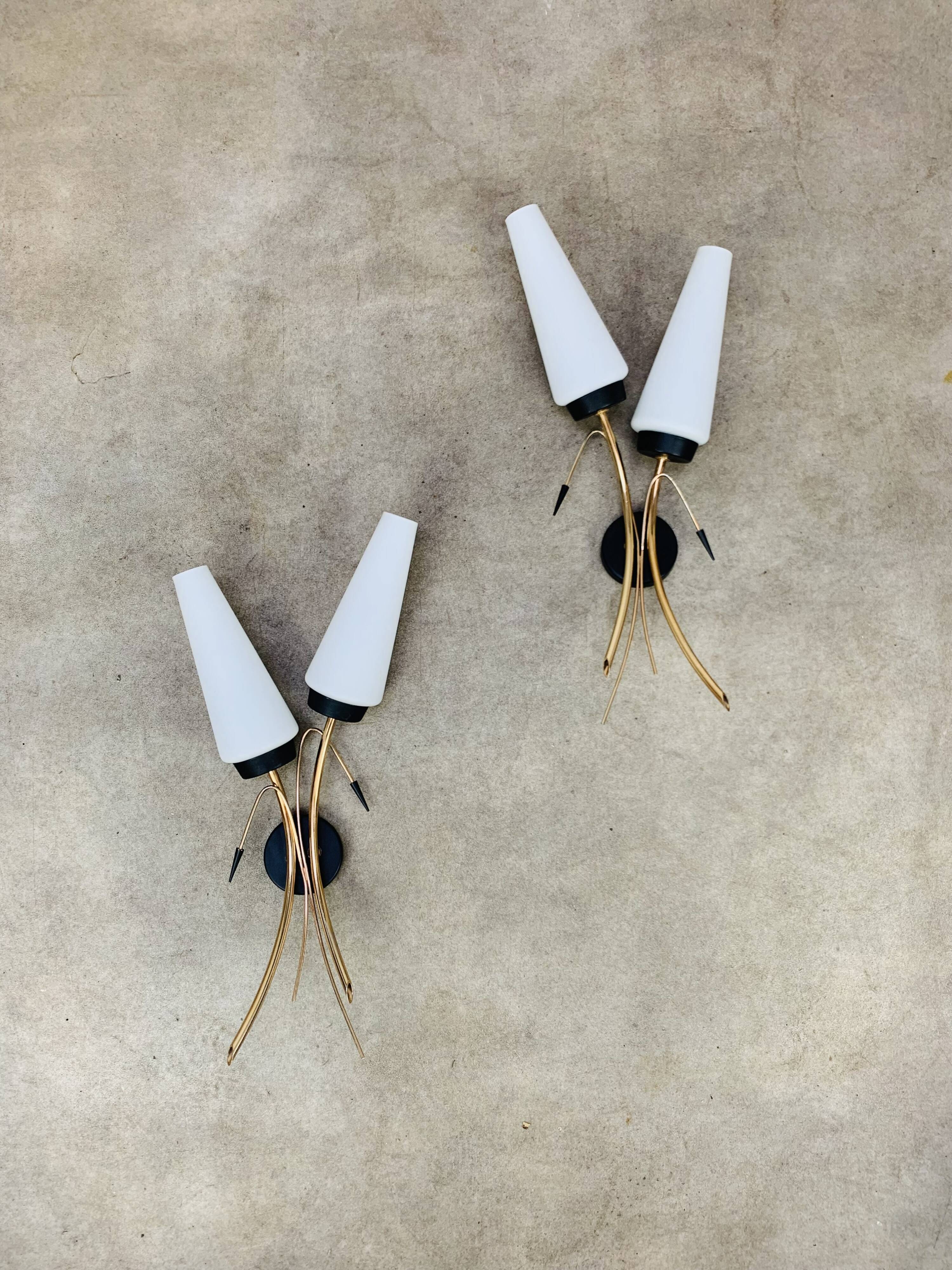 Pair of 1950s wall lights, opaline and brass tulips, Lunel Arlus