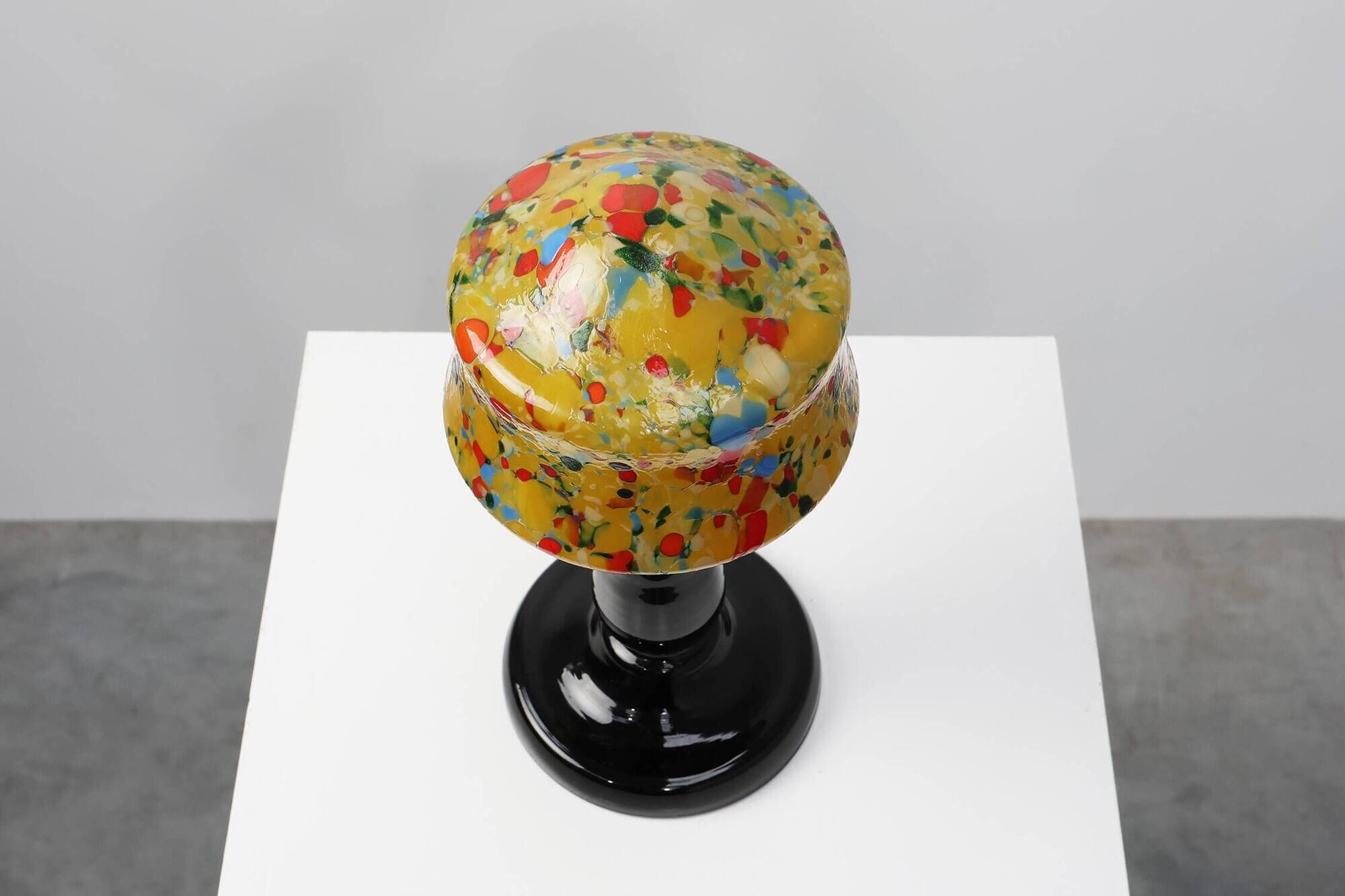 French Art Deco Table Lamp with Multicolored Spatter Glass Shade and Black