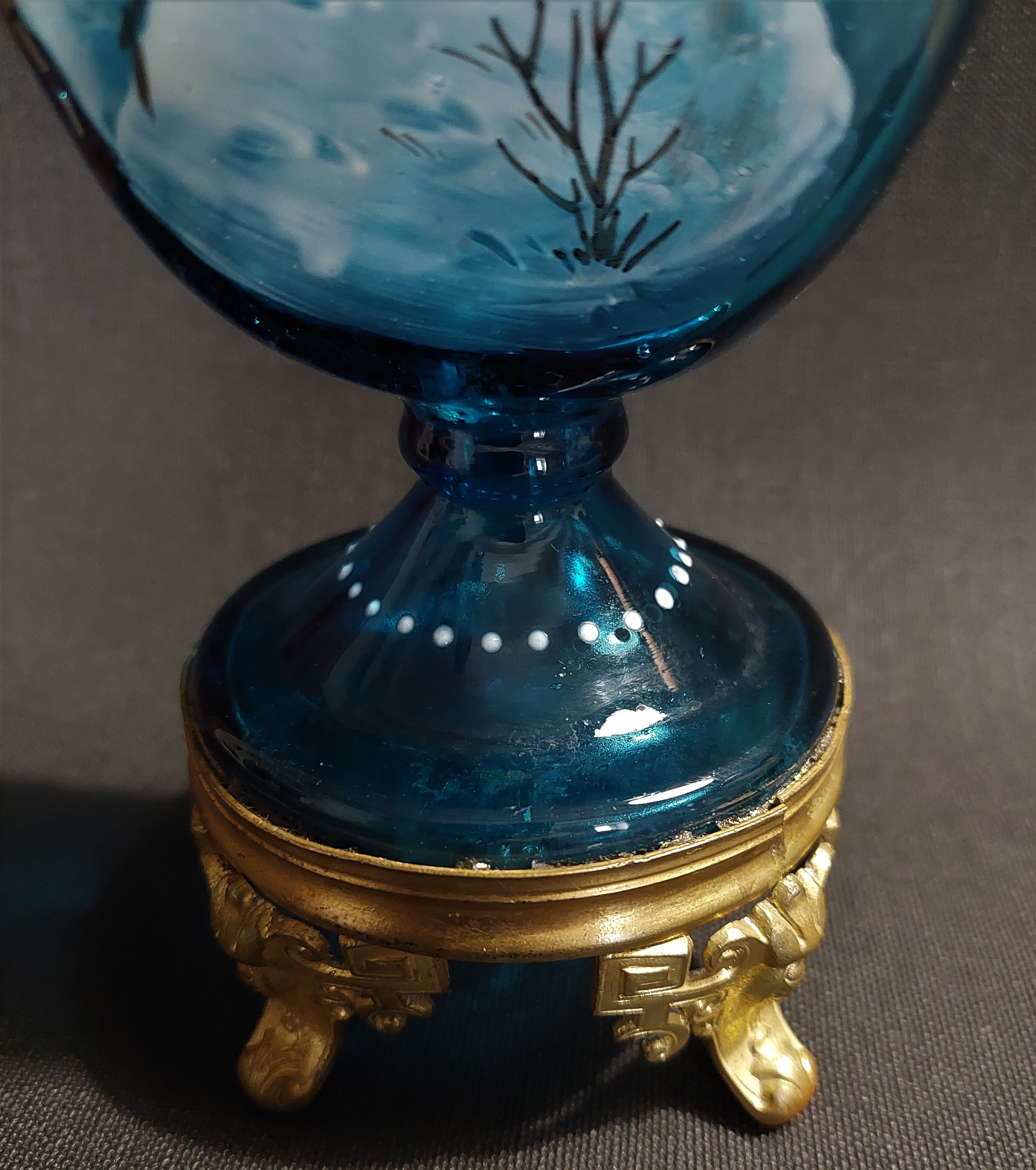 Mary Gregory enamelled glass vase snow decoration on art nouveau blue background 1900
