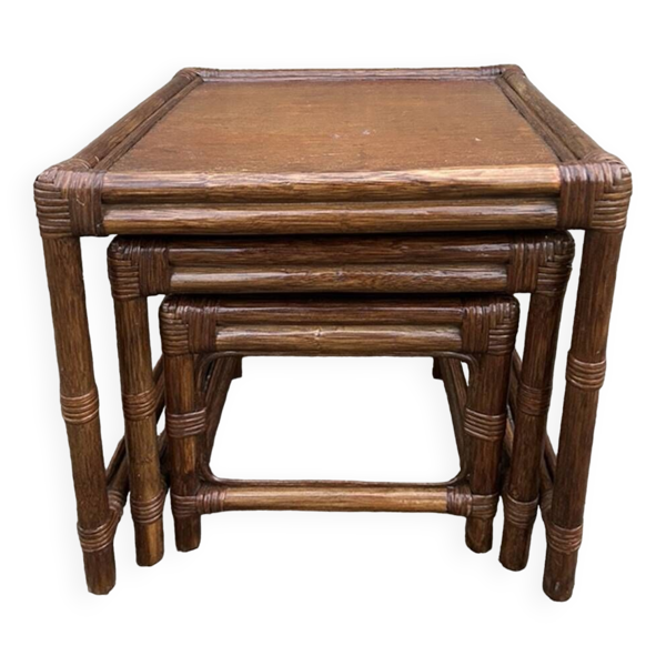 Ensemble de 3 tables gigogne, bambou, vintage, années 80
