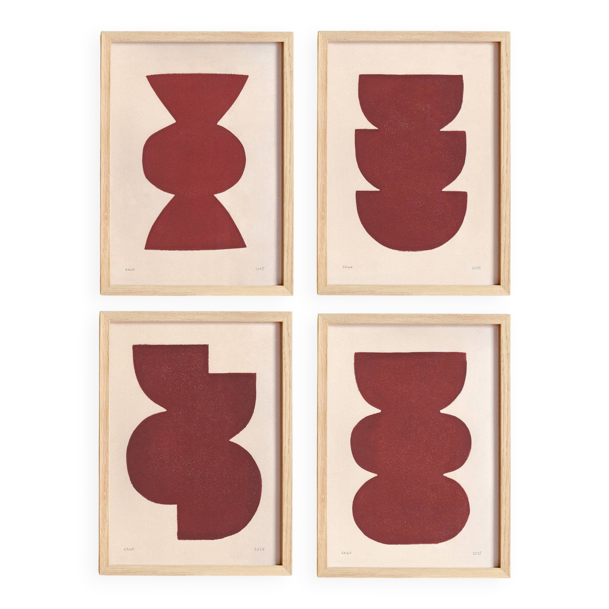 Collection of 4 abstract burgundy paintings signed Eawy