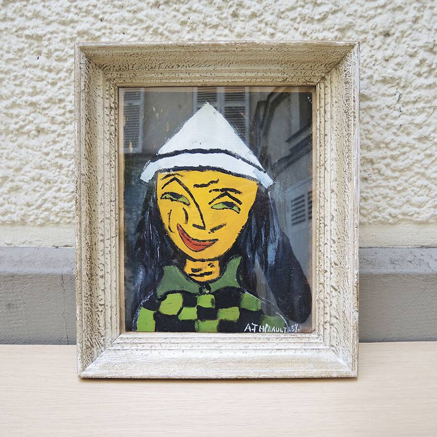 Antique framed & signed oil painting: harlequin