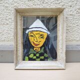 Ancien tableau à l'huile encadré & signé : arlequin