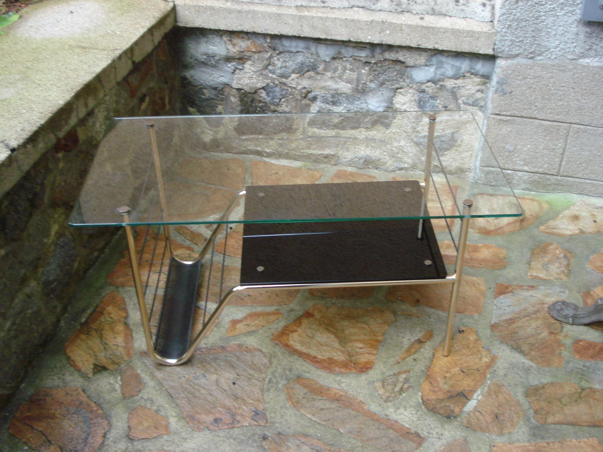Vintage coffee table double glass top and gilded metal structure