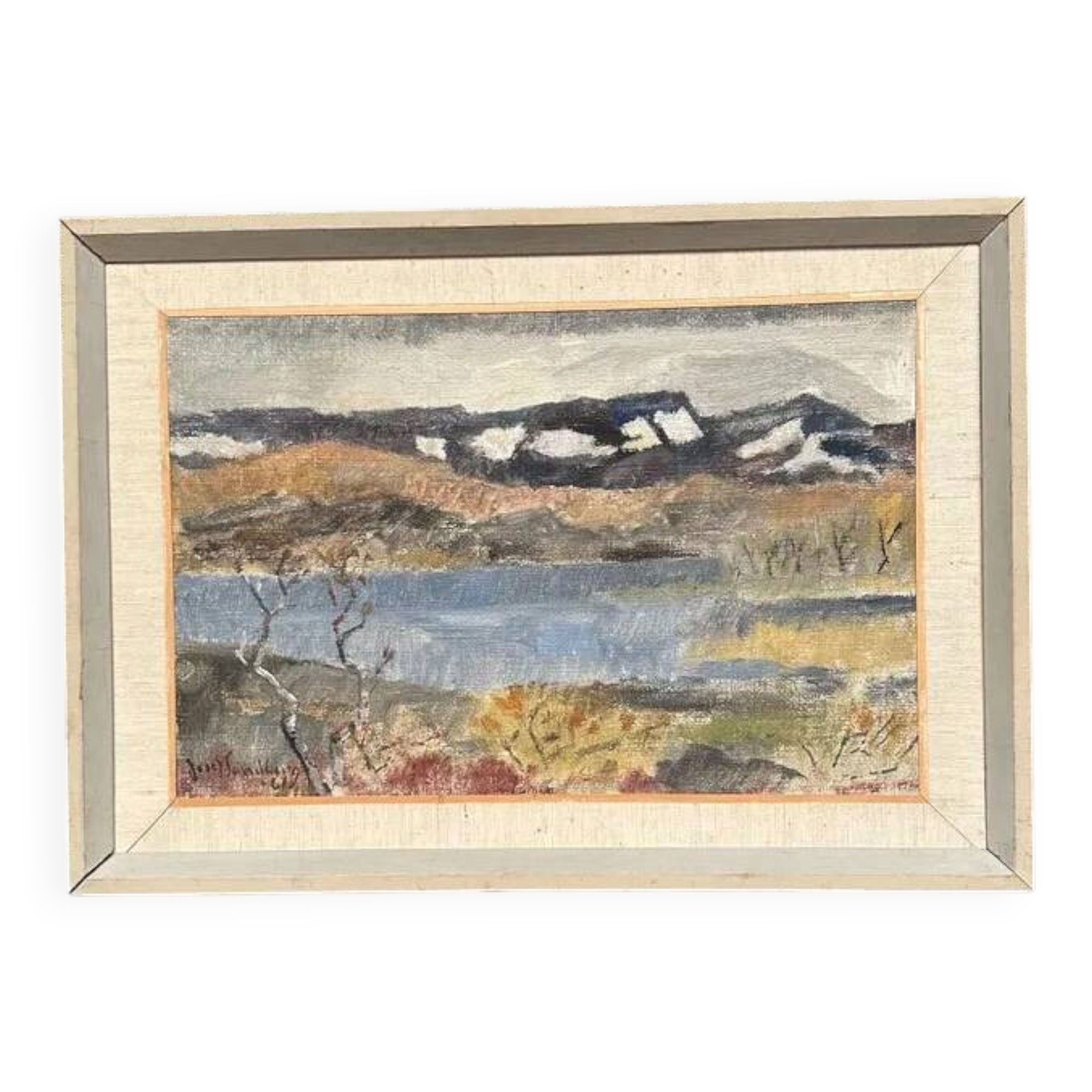 Original Swedish Oil on Panel - 'Landscape with Water' by Josef Sandberg - Signed - Vintage and Framed - 54.5 × 38.5 cm