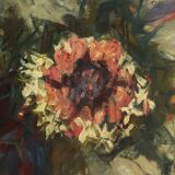 Tableau portrait d'une dame au bouquet de fleurs du 20ème siècle