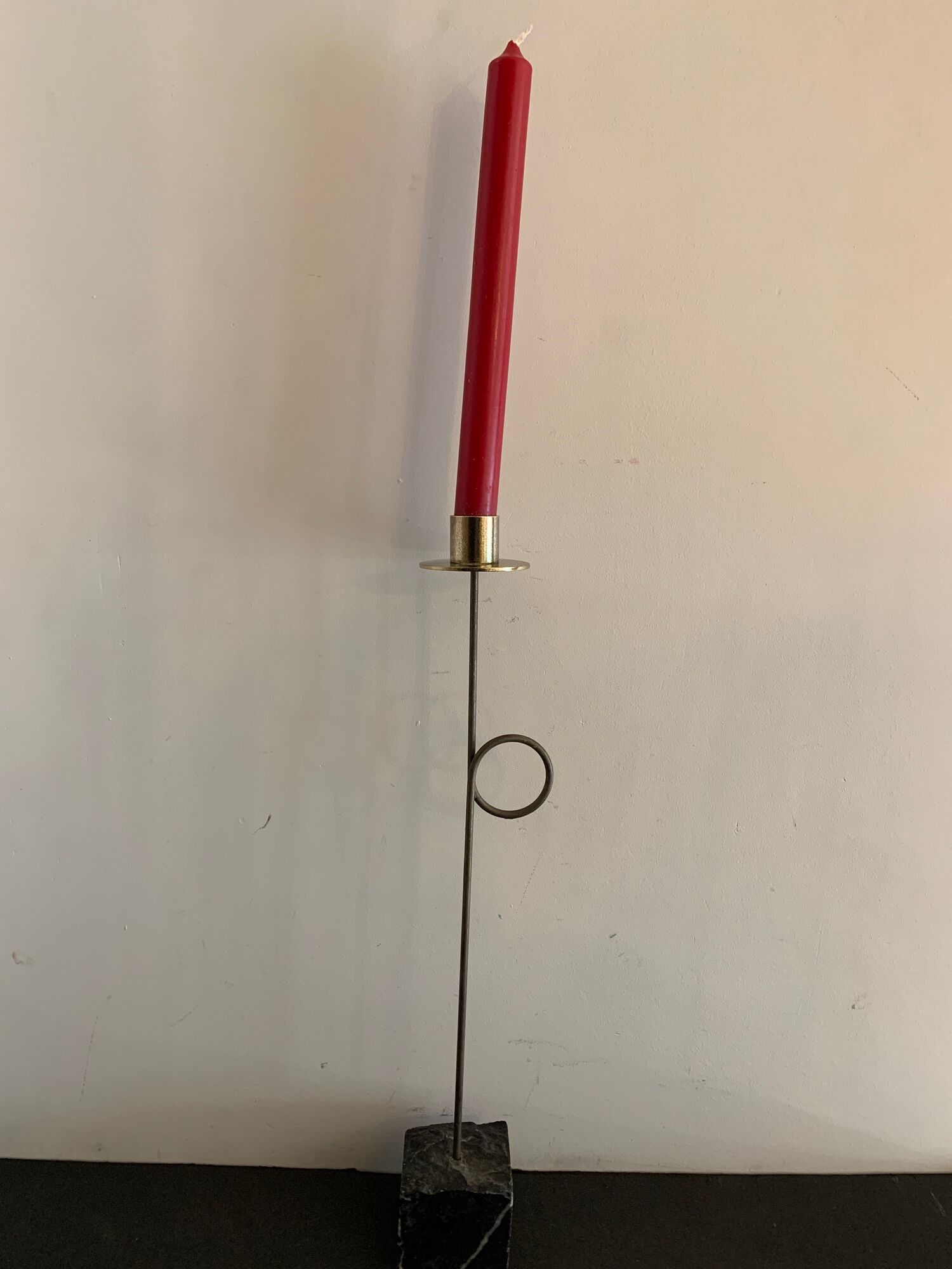 Swedish design candle holder in granite, metal and brass, 1980, height 39 cm