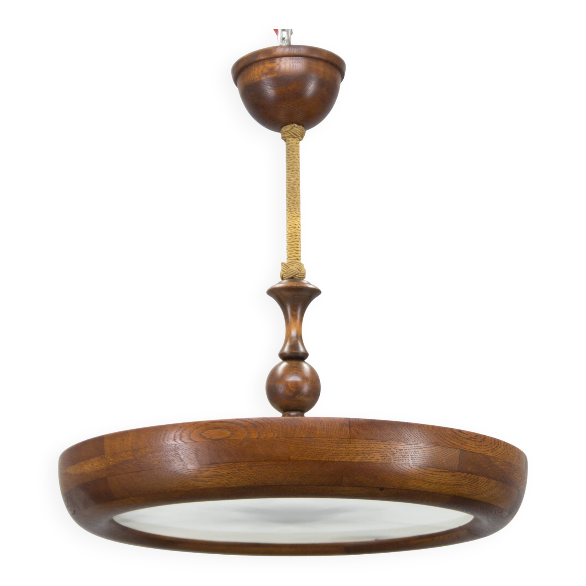 Large wooden art deco ufo chandelier, 1930s