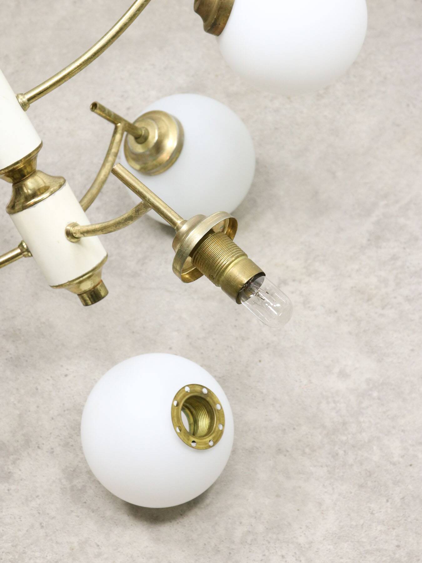 Mid-century Italian Brass and Opaline Chandelier, 50s