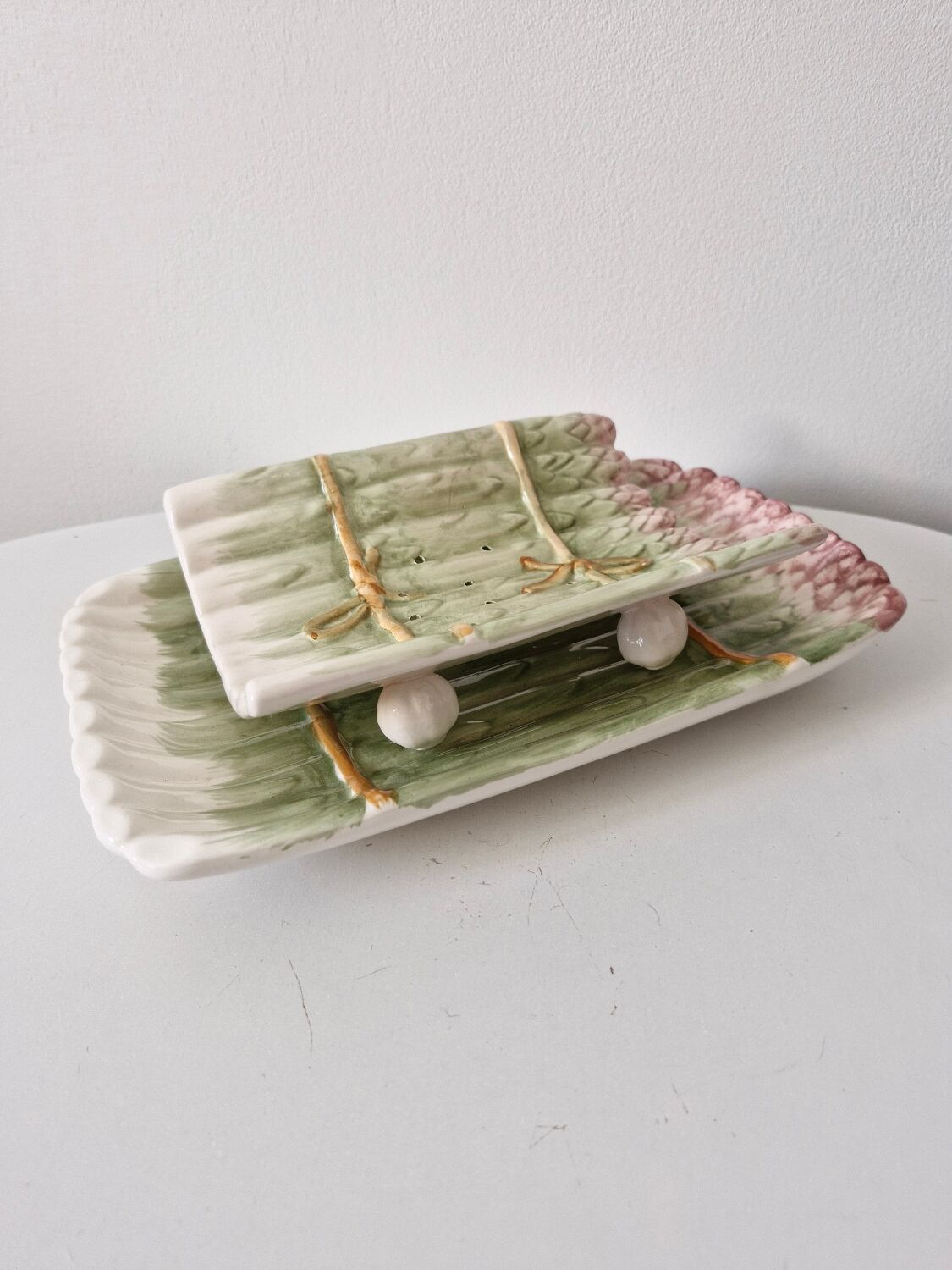 Old dish and asparagus drainer Barbotine ceramic