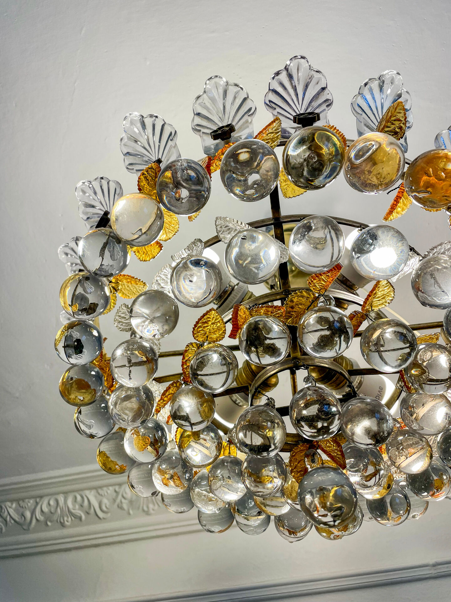 Vintage Murano glass chandelier, solid brass, Spain 1960s.