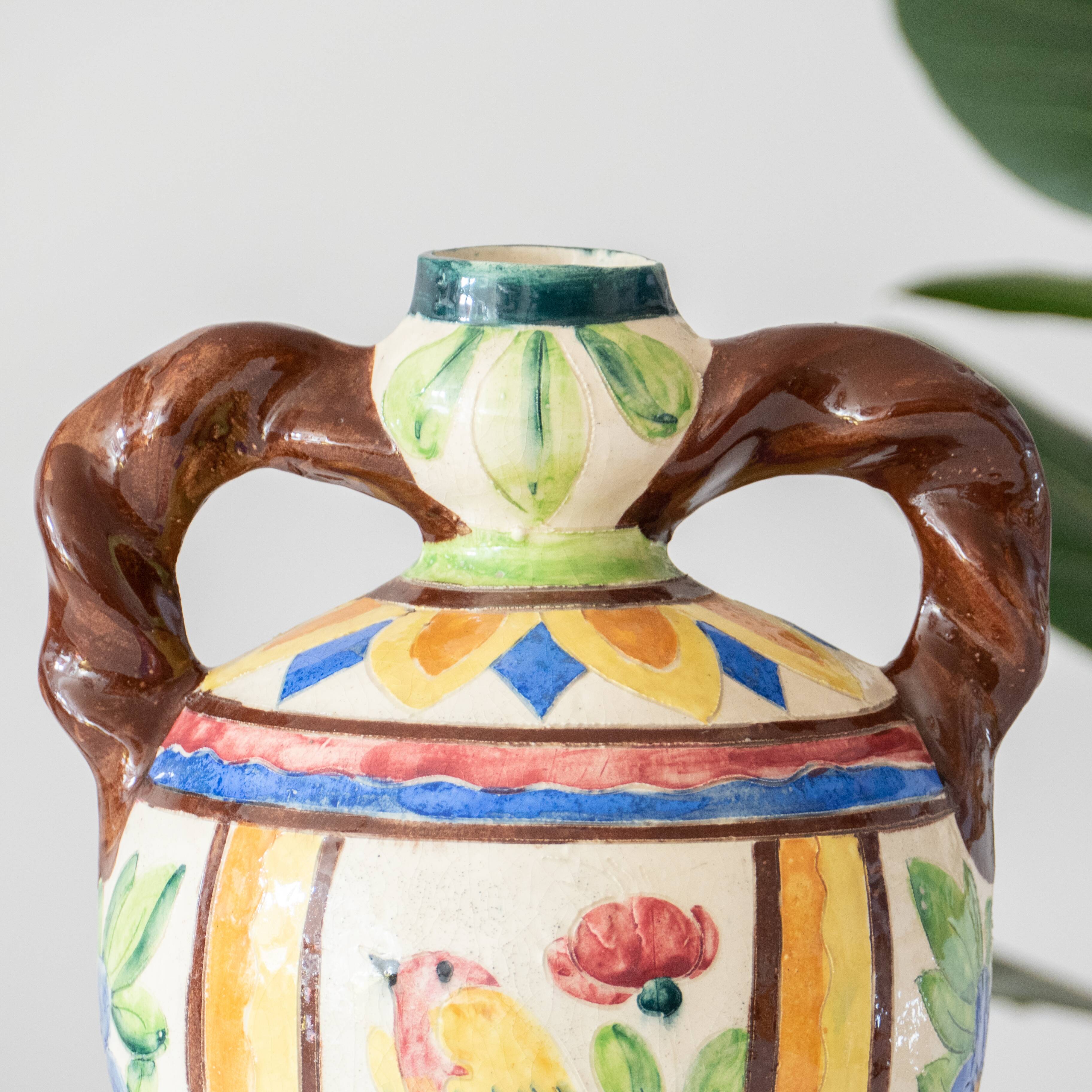 Old handcrafted amphora / polychrome bird glazed terracotta vase