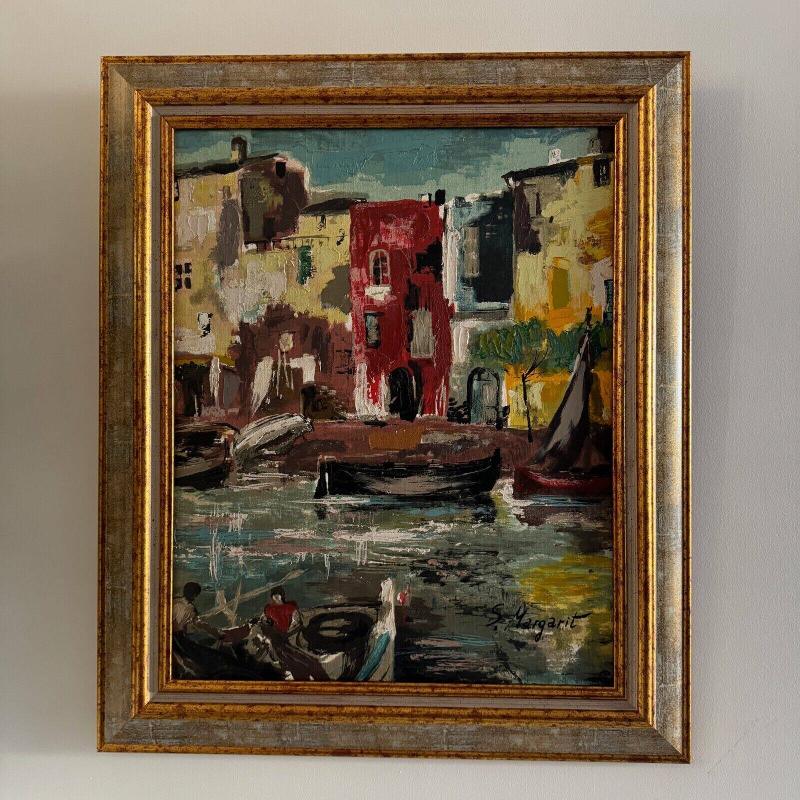 Oil on panel representing a fishing port by S. Margarit 20th century