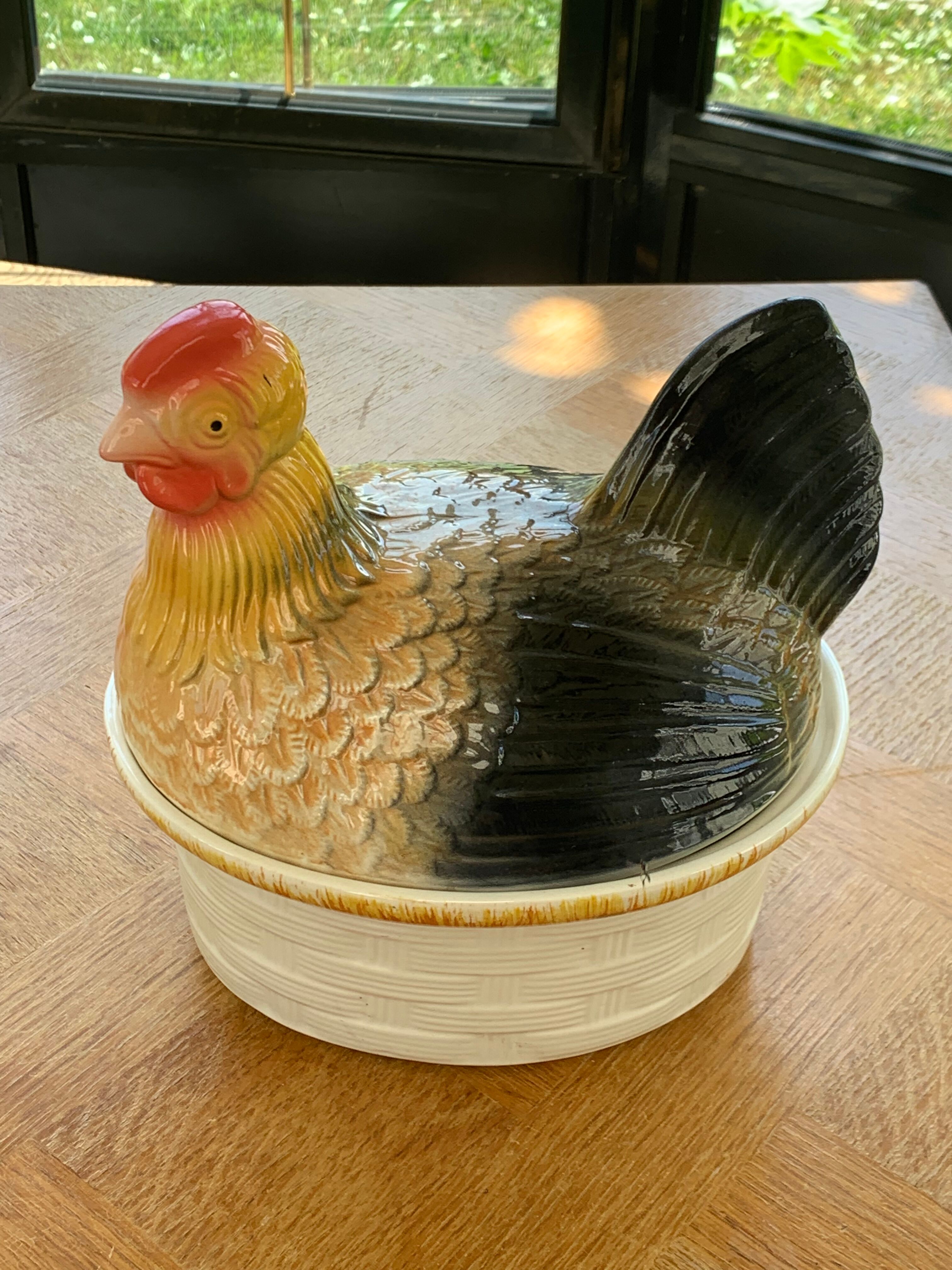 Terrine hen in slurry, vintage glazed ceramic